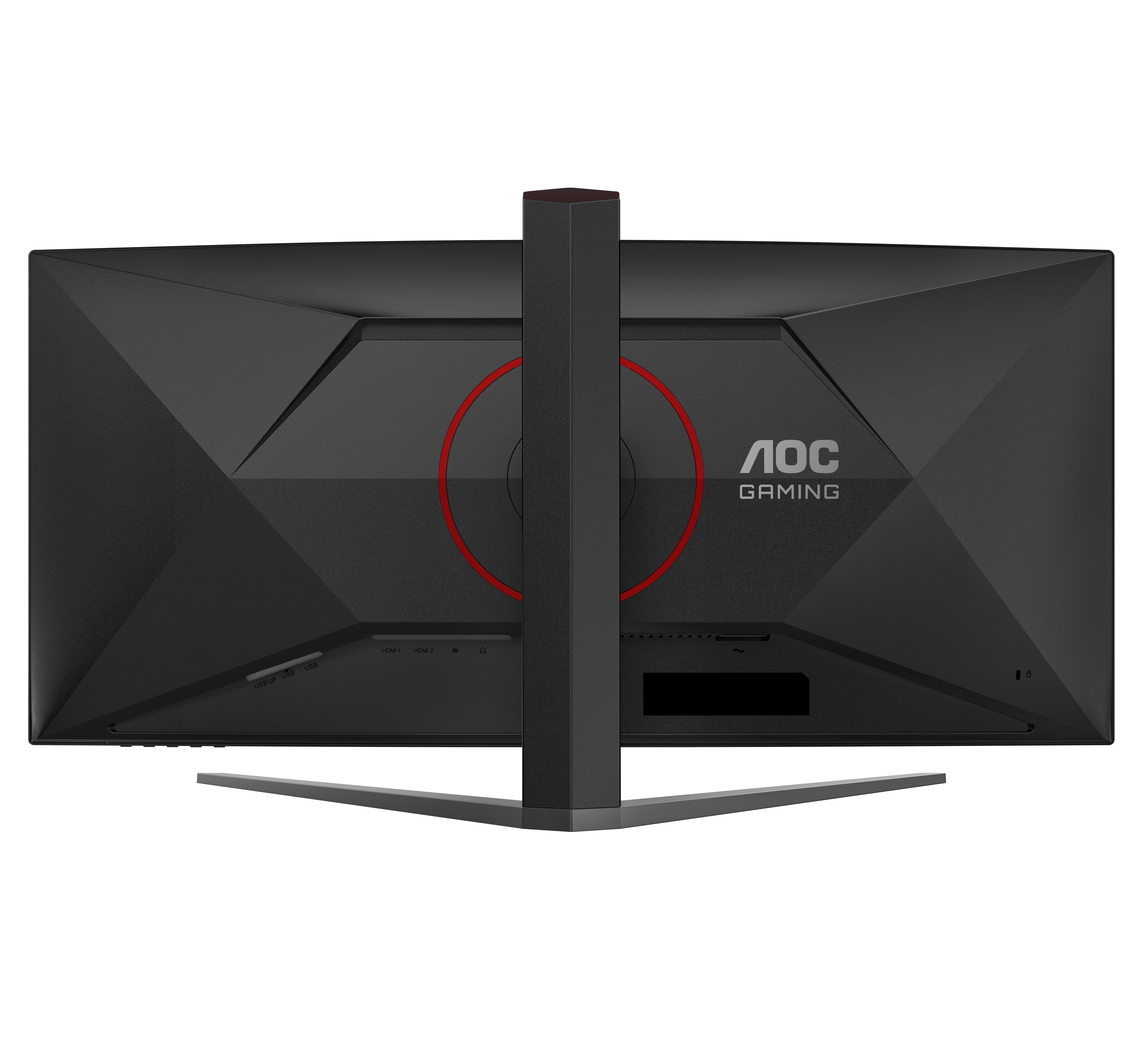 Vue arrière d'un moniteur de jeu AOC. Noir avec des touches de rouge, dont un anneau et le haut du pied. Le logo est visible.