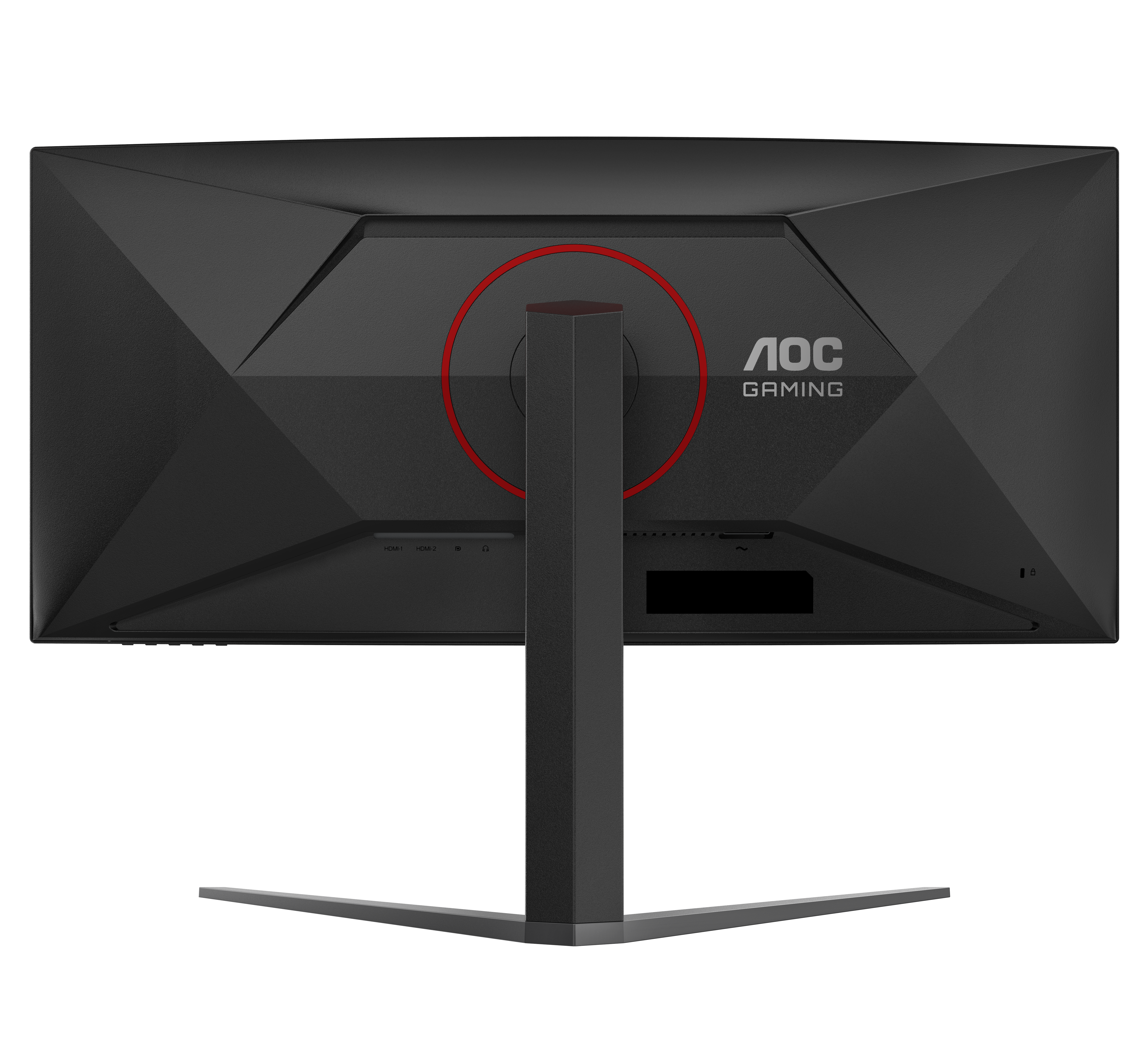 Schwarzer AOC-Gaming-Monitor-Rücken. Roter Kreis um die Ständerhalterung. Silberne Ständerbasis. AOC-Logo. Schwarzer Rahmen.