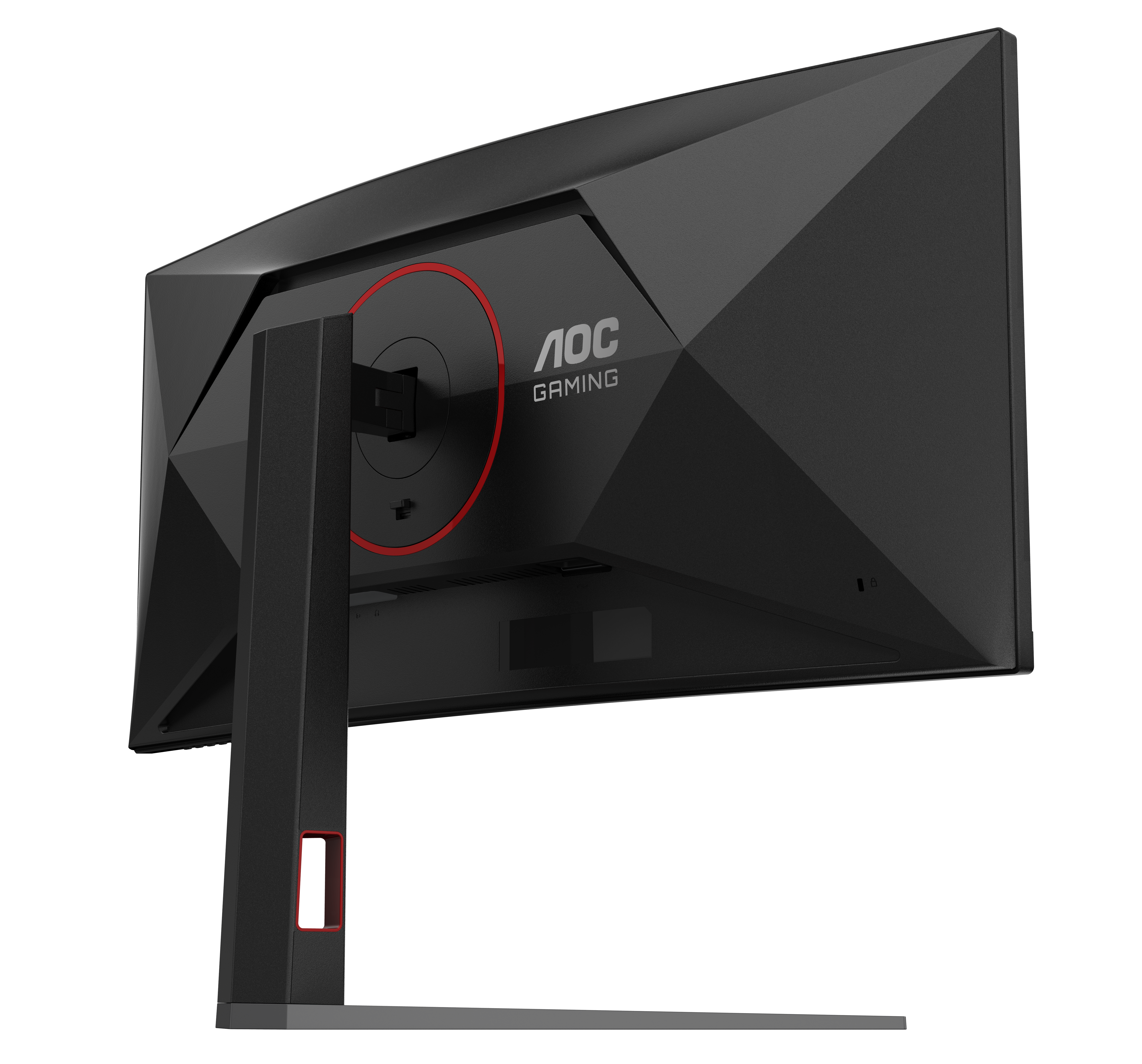 Schwarzer AOC-Gaming-Monitor, Rückansicht. Rote Akzente auf dem Ständer und Logo. Der Ständer ist grau. Der Monitor steht vor weißem Hintergrund.