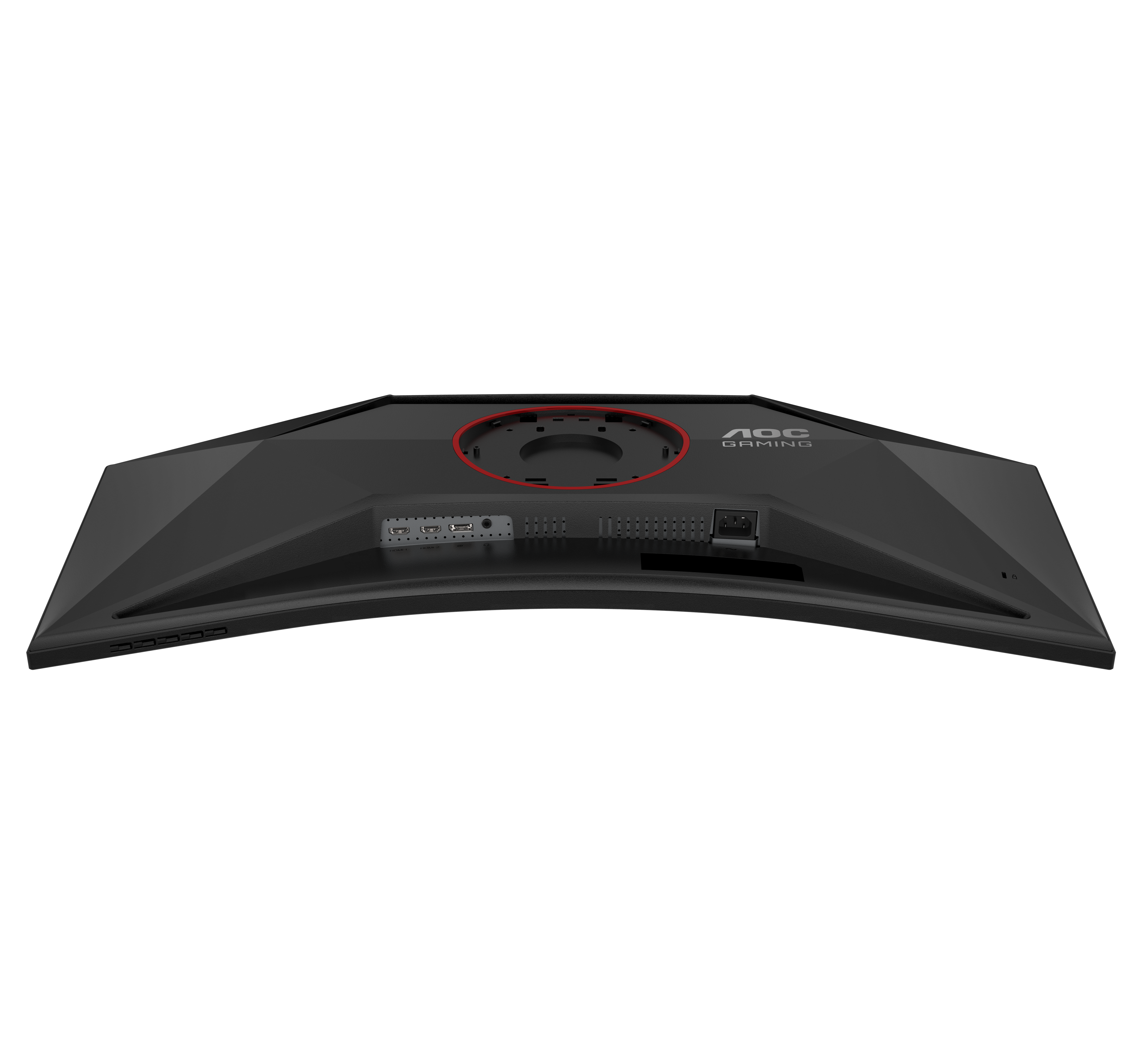 Schwarzer AOC-Gaming-Monitor-Rücken. Er hat Anschlüsse, Stromeingang und einen roten Kreis um einen Montagepunkt.