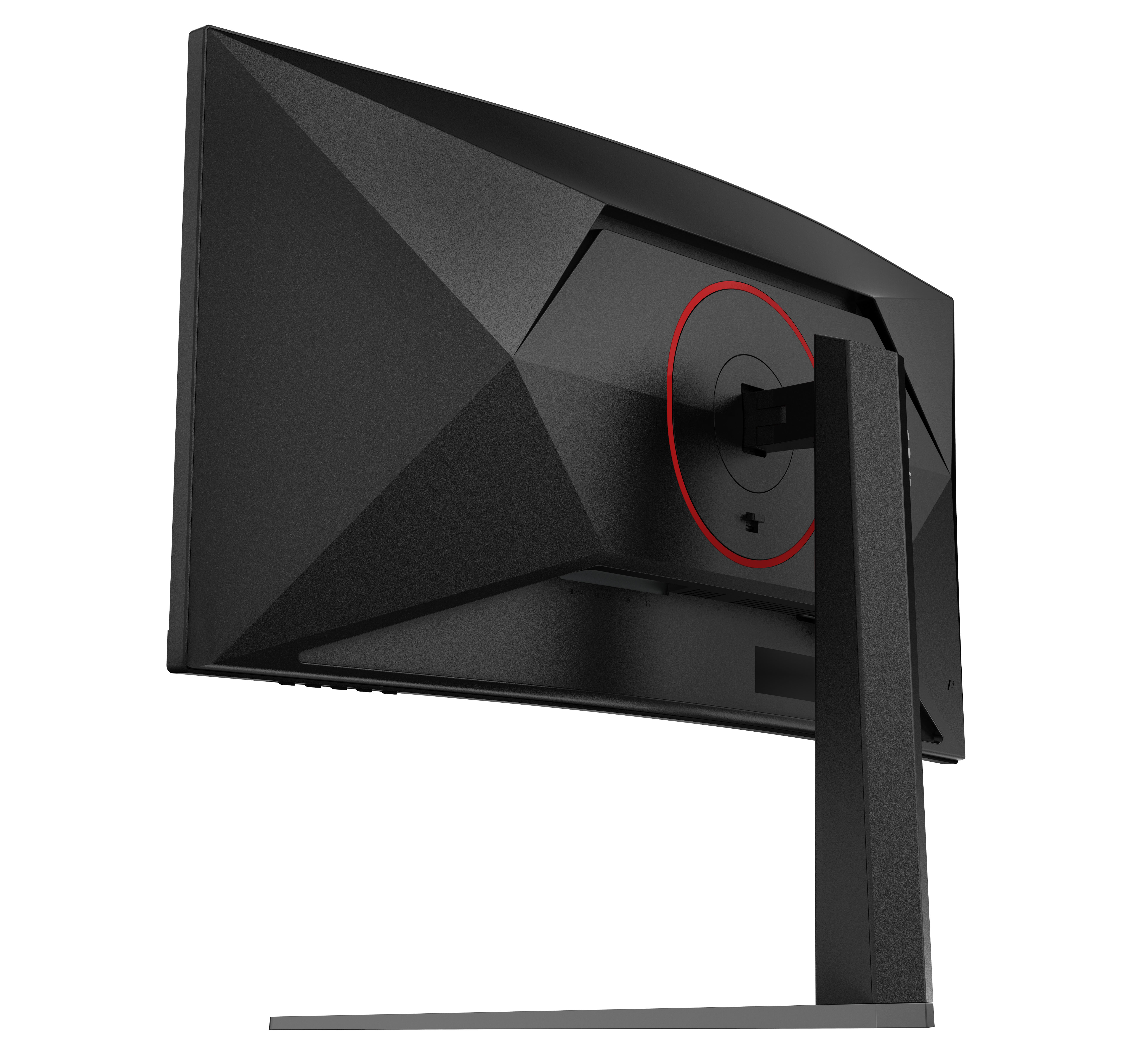 Ein schwarzer Computermonitor. Es hat einen roten Kreis auf der Rückseite, mit einem schwarzen Ständer, alles auf weißem Hintergrund.