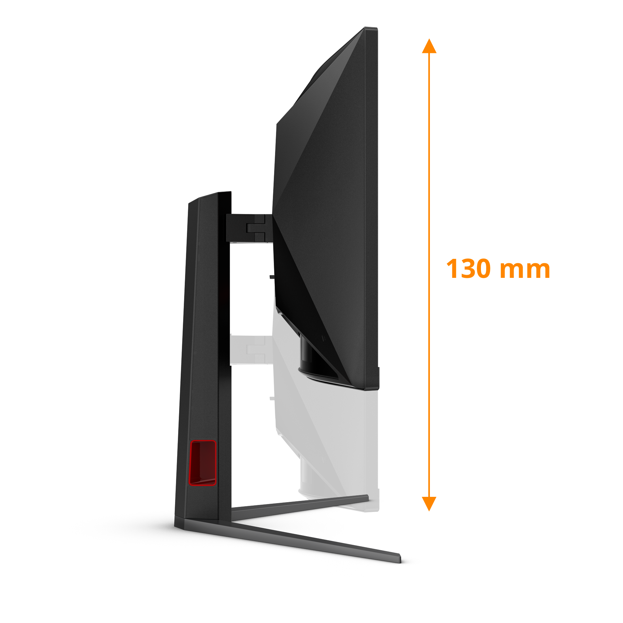 Seitenansicht eines schwarzen Computermonitors mit Ständer, 130 mm. Der Hintergrund ist weiß.