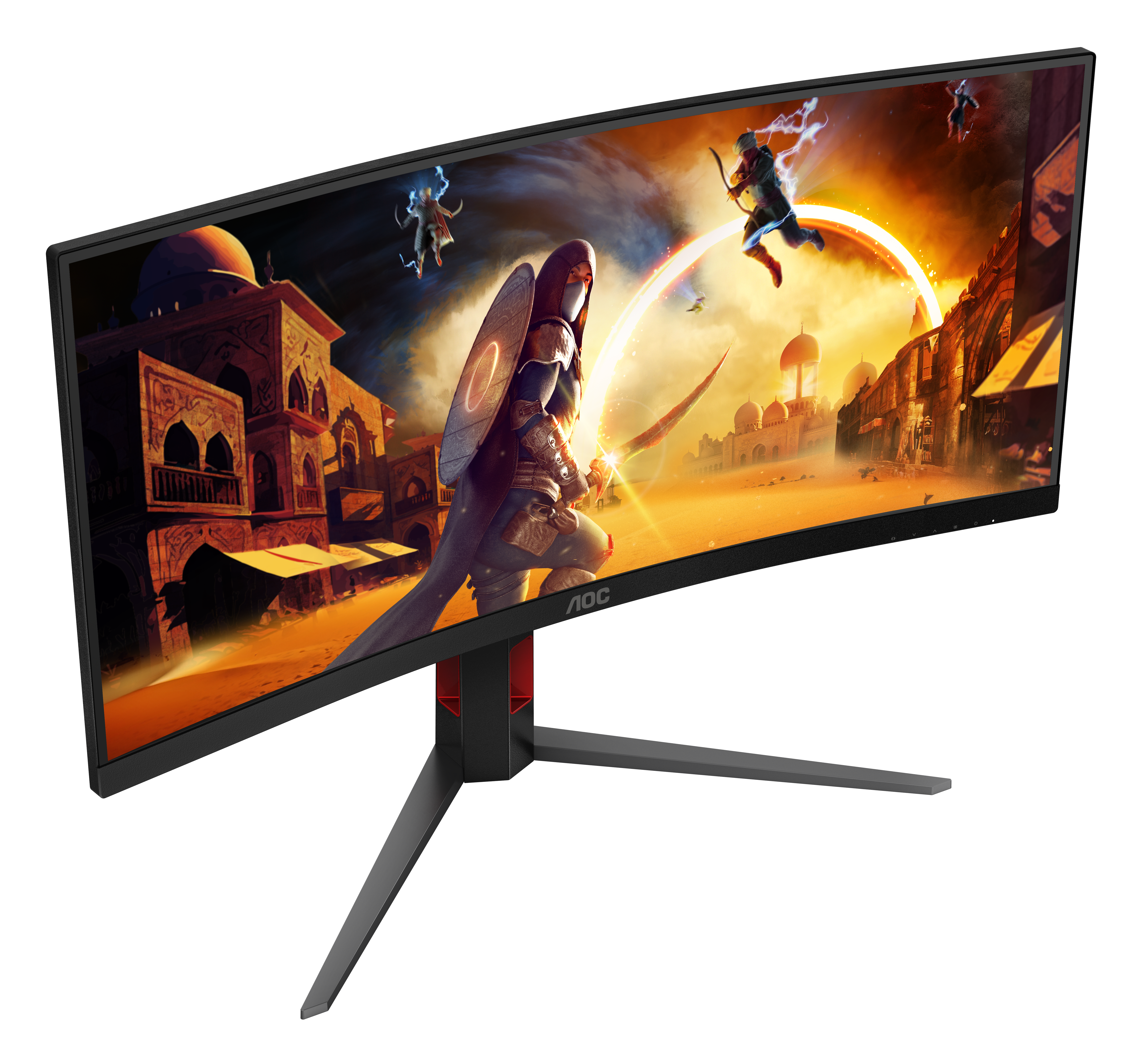 Ein gekrümmter Monitor zeigt eine Fantasieszene mit Kriegern und Gebäuden. Der Monitor steht auf einem schwarzen Ständer mit roten Akzenten. AOC-Logo sichtbar.