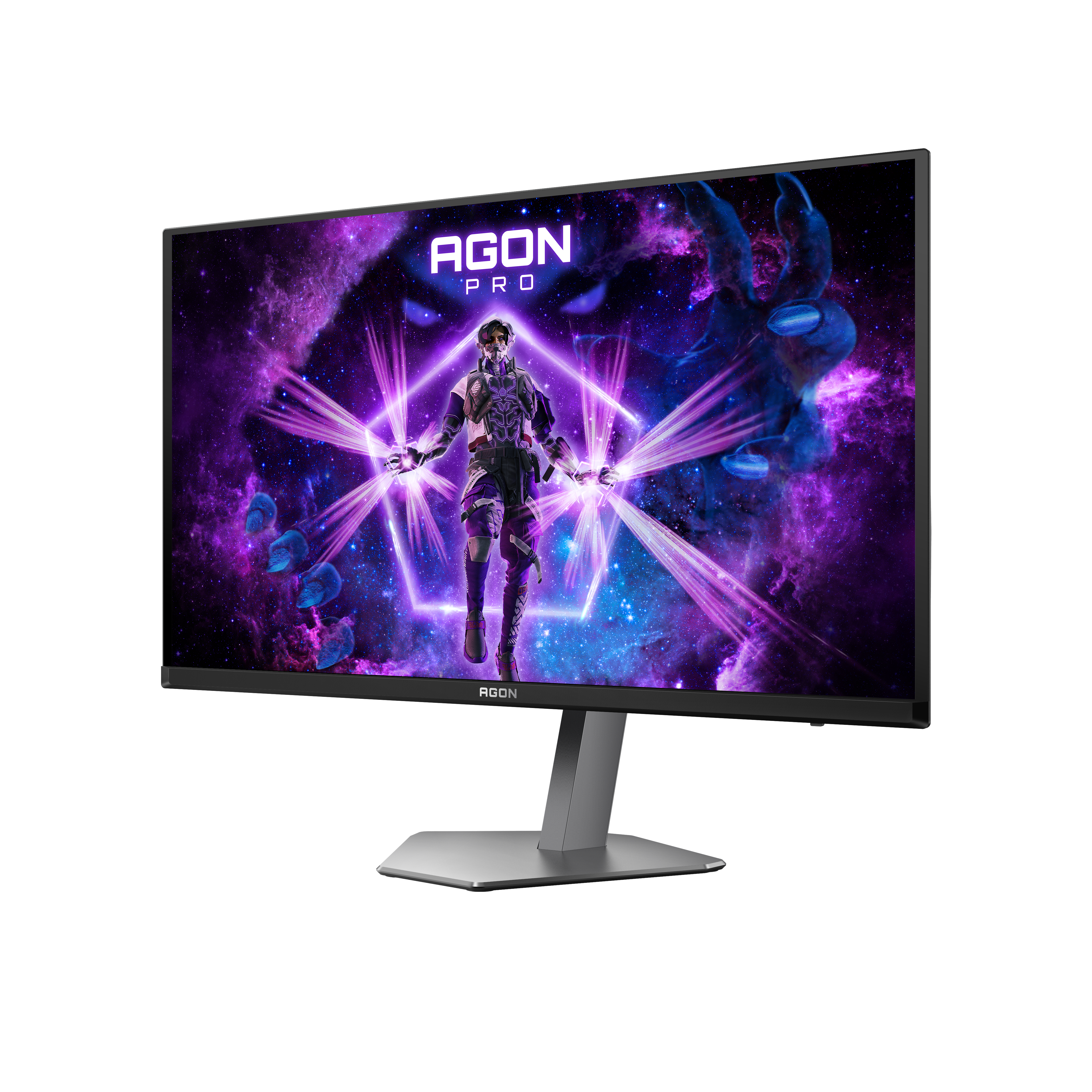 Ein AGON Pro Monitor zeigt eine futuristische Szene mit einer Figur und lila Lichteffekten. Der Ständer ist silber.