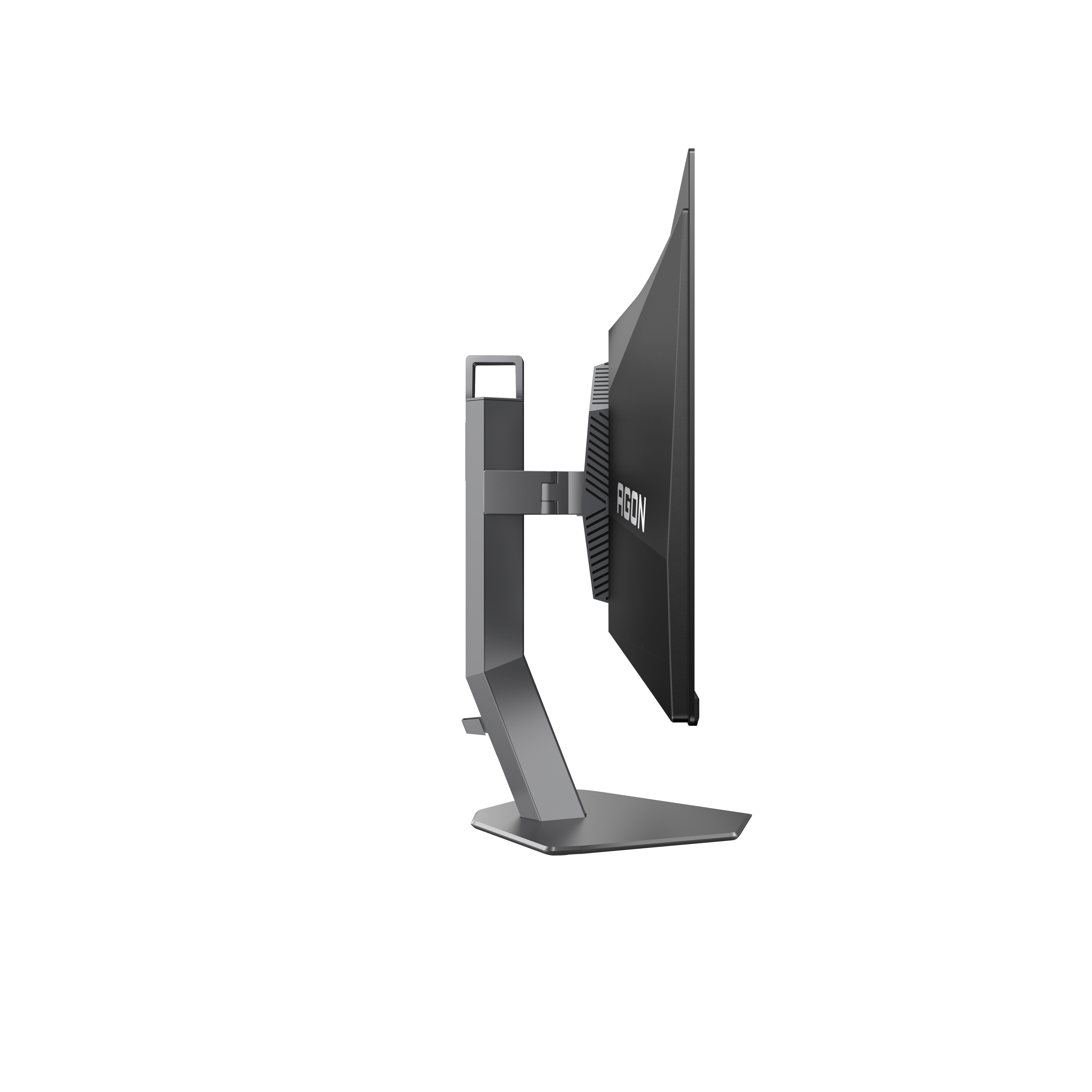 Seitenansicht eines schwarzen Computermonitors auf einem grauen Ständer. Auf dem Monitor steht das Wort AGON.