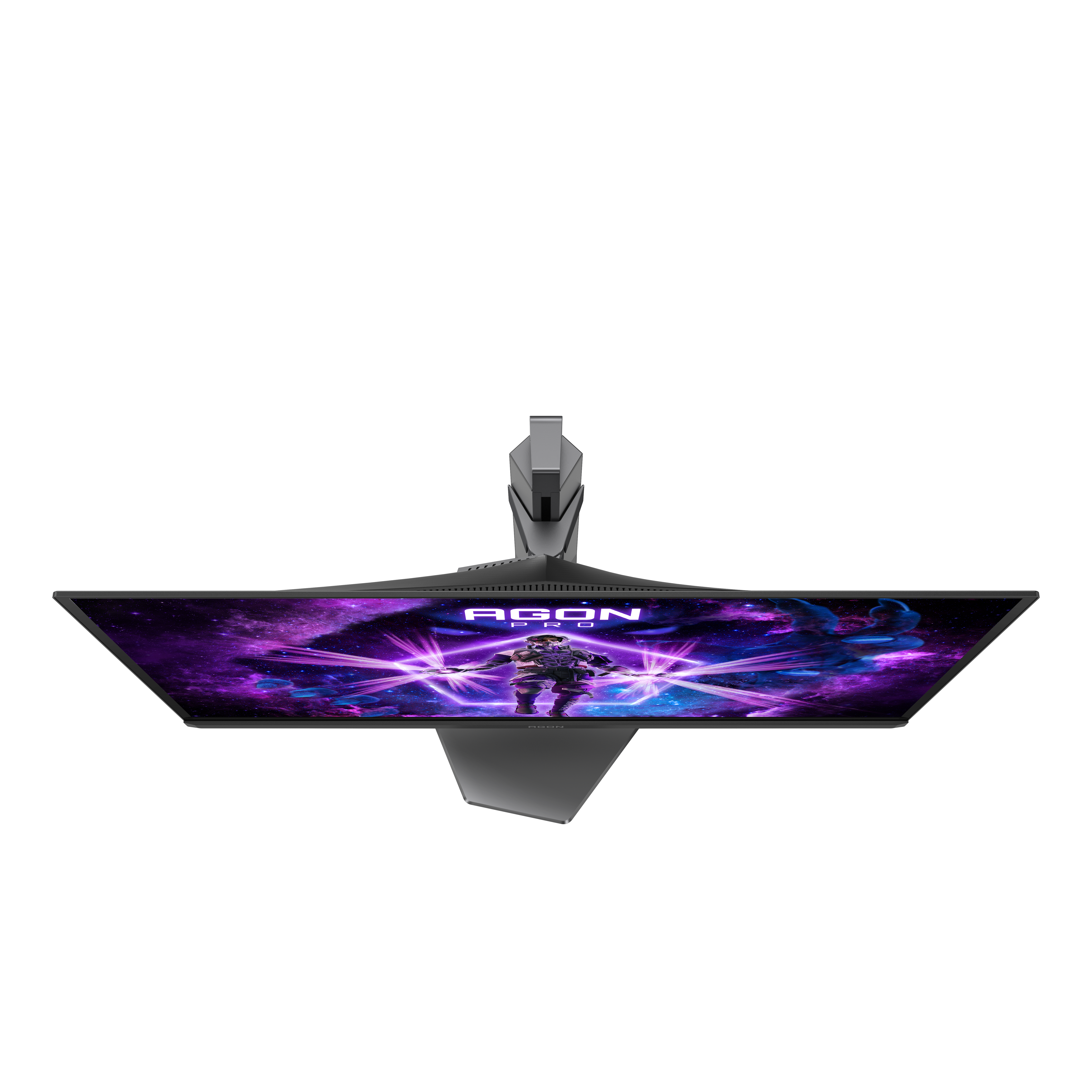 Ein Monitor mit futuristischem Design. Der Bildschirm zeigt eine kosmische Szene mit einer Figur. Der Monitor ist auf einem Ständer montiert.