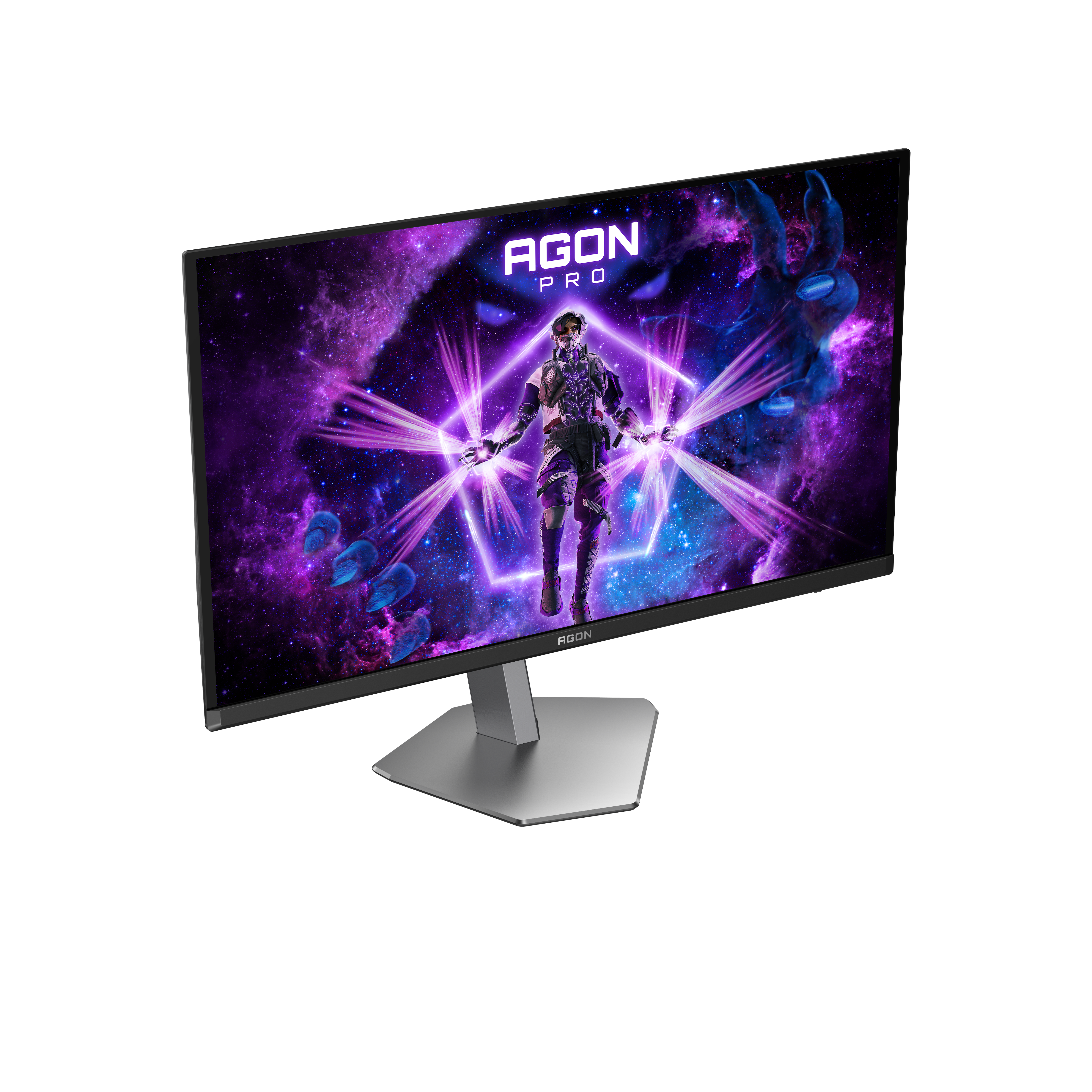 Ein Computermonitor zeigt eine futuristische Figur vor einem lila Galaxiehintergrund. Der Monitor hat einen silbernen Fuß und einen schwarzen Rahmen.