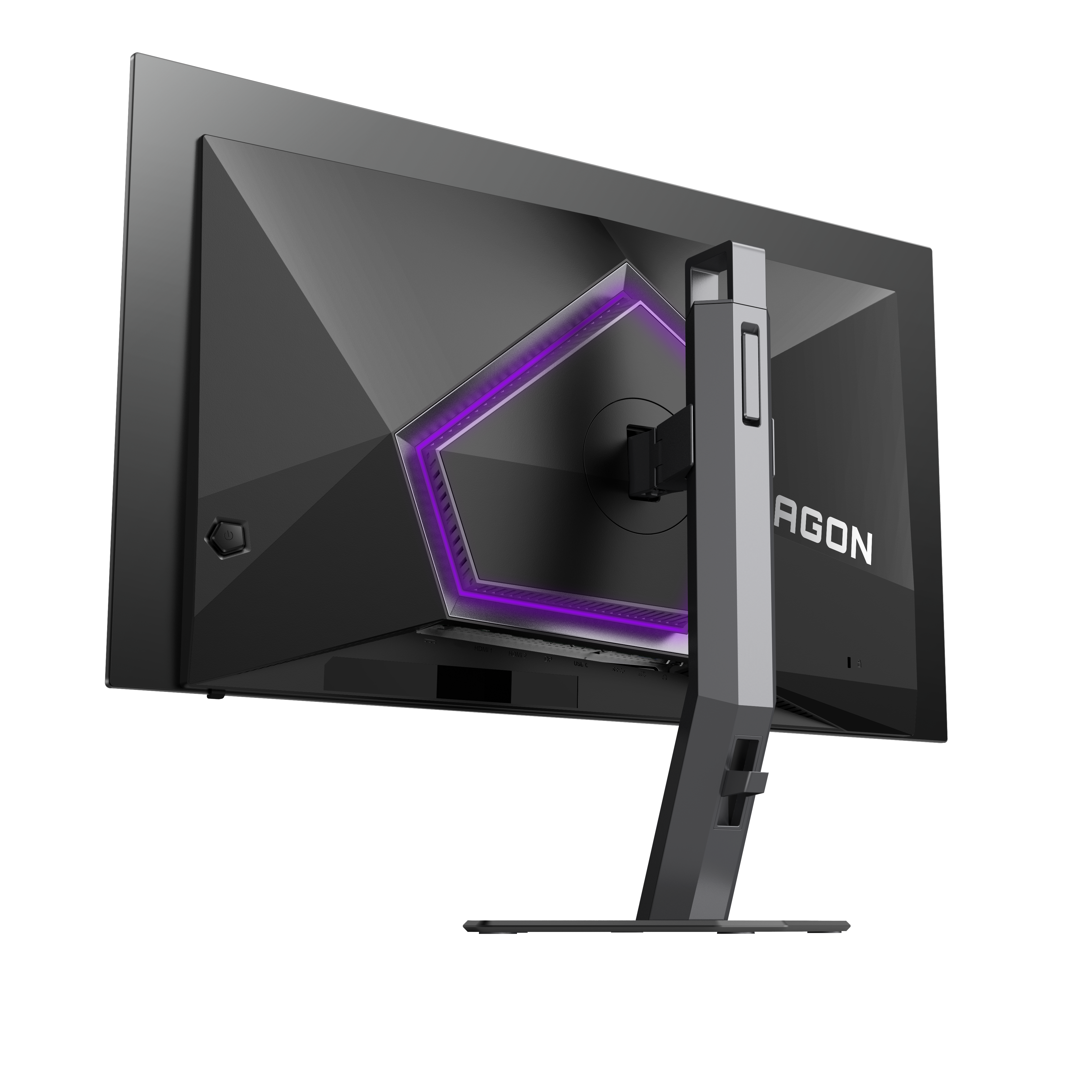 Rückansicht eines schwarzen Gaming-Monitors. Er hat ein lilafarbenes Licht, das Wort AGON und einen silbernen Ständer. Der Hintergrund ist schwarz.