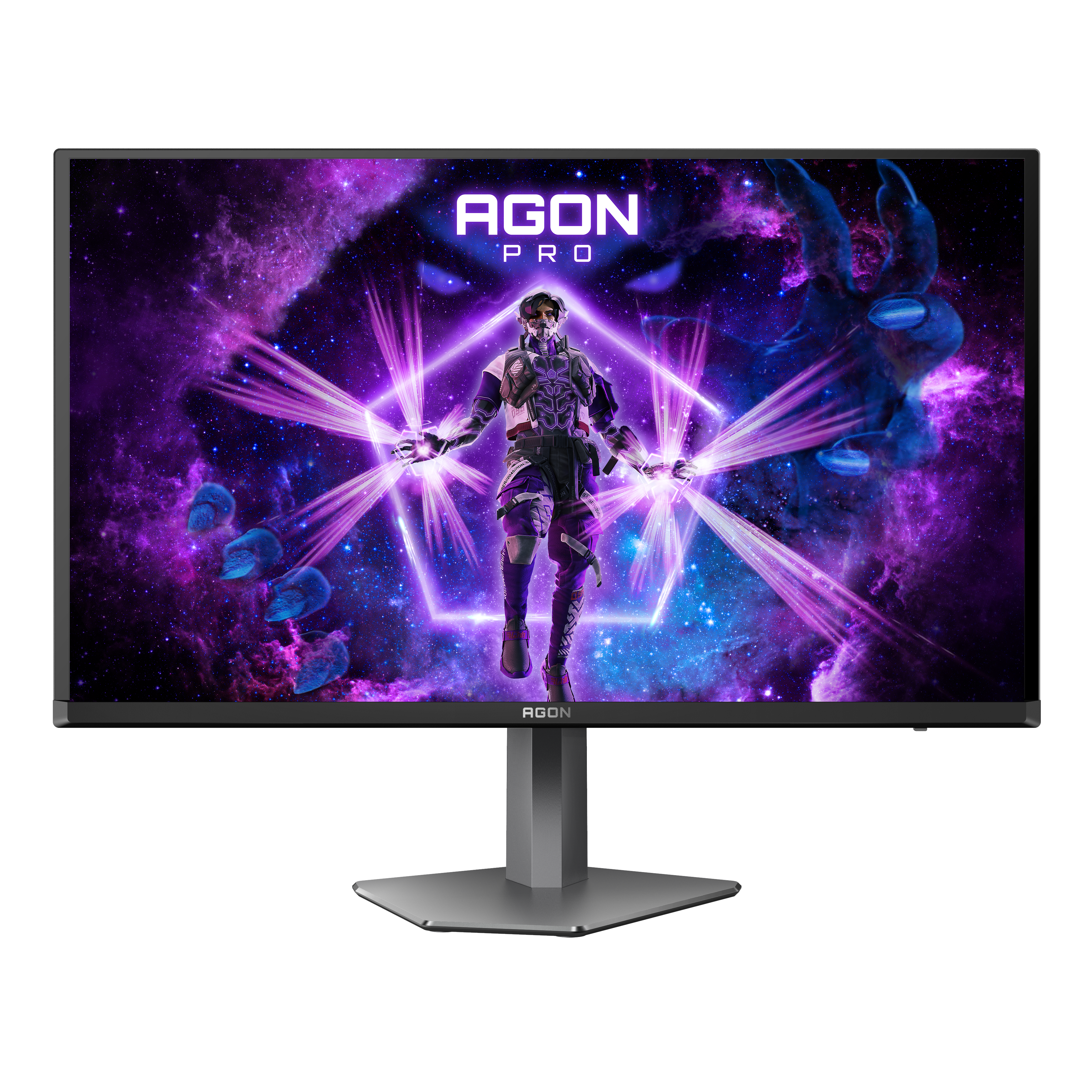 AGon Pro Monitor zeigt eine futuristische Figur in einem Weltraumhintergrund mit lila und blauen Farbtönen. Der Monitor steht auf einem Ständer.