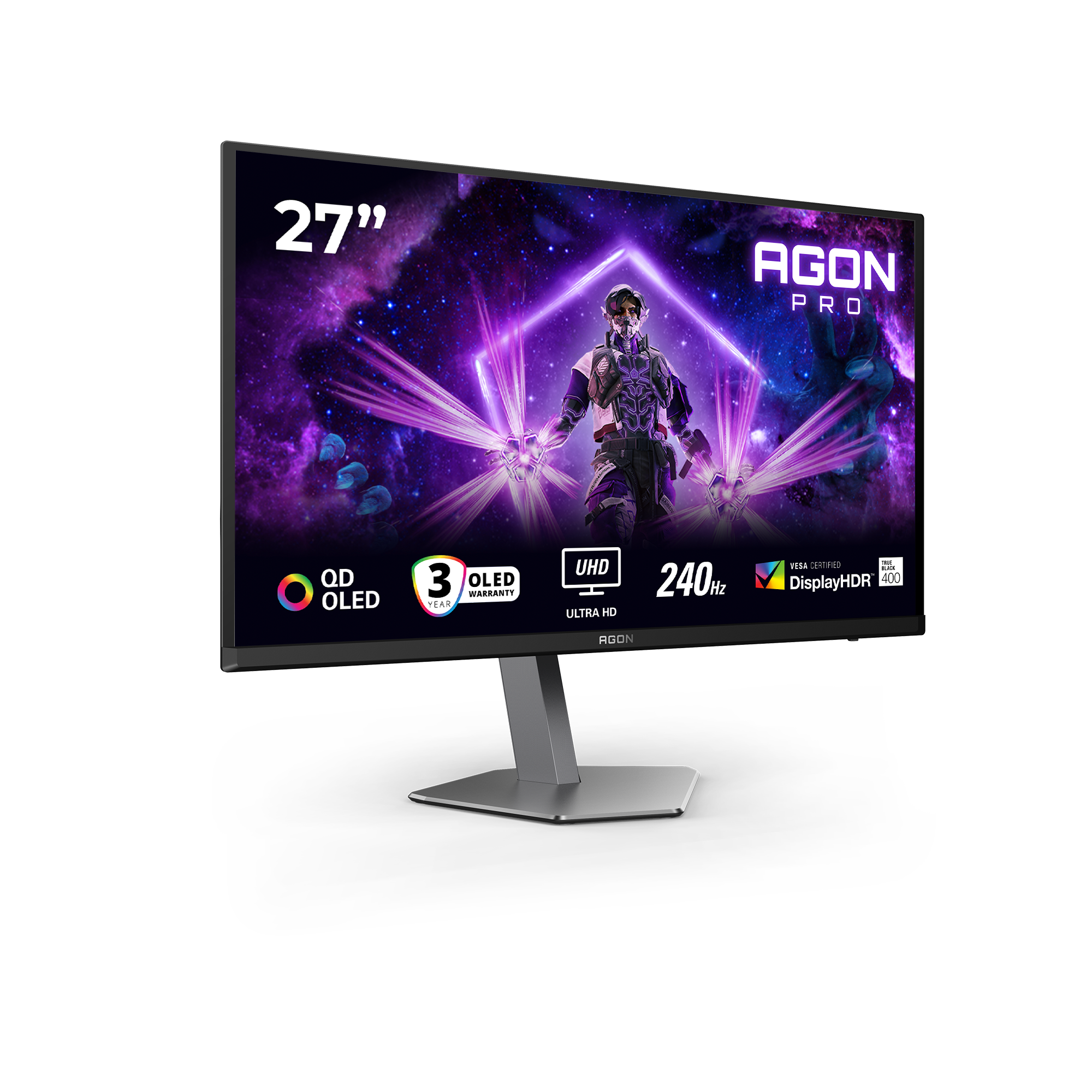 Ein 27-Zoll-AGON-Pro-Monitor zeigt eine futuristische Figur inmitten einer lila Galaxie mit technischen Daten.