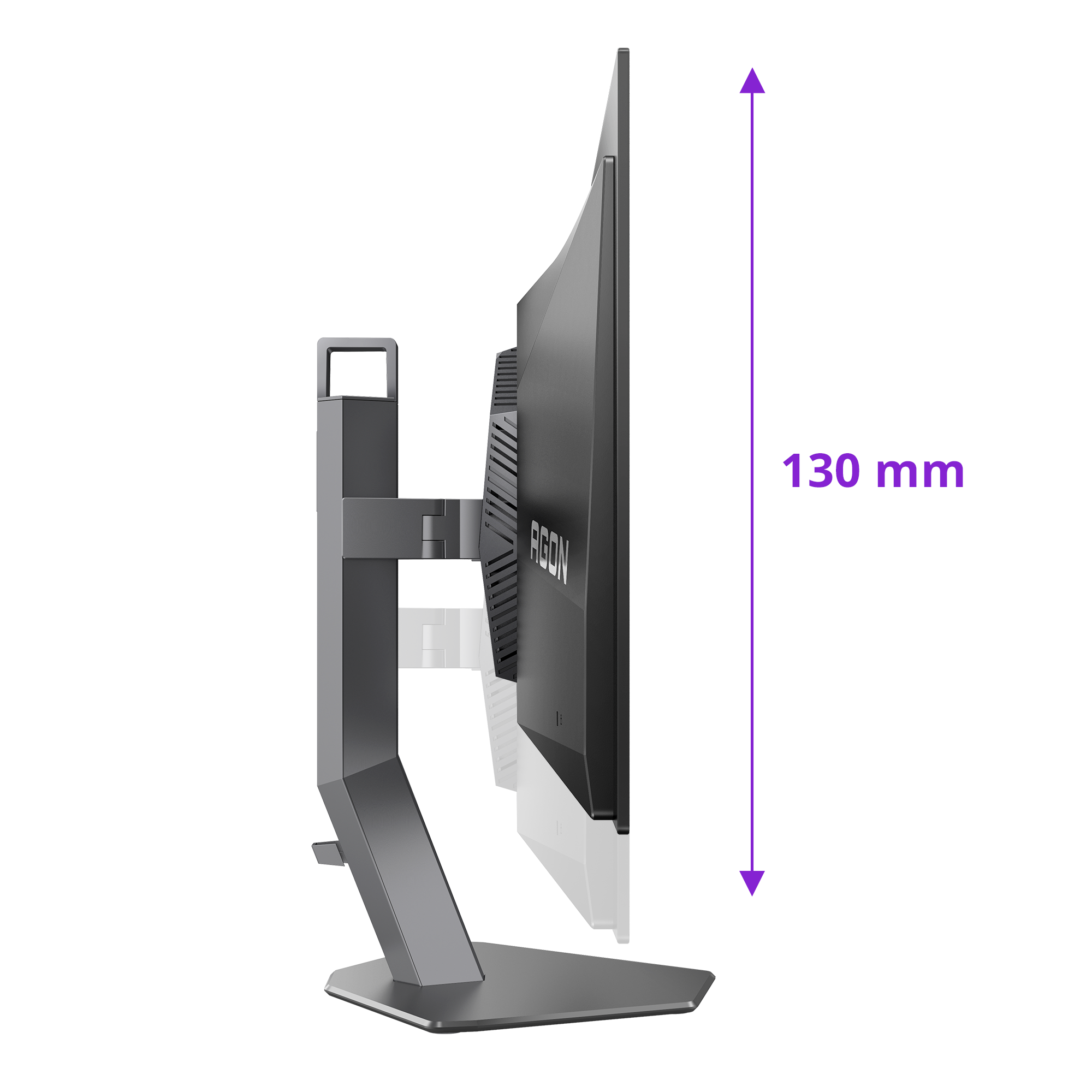 Seitenansicht eines schwarzen Computermonitors mit silbernem Ständer. Zeigt die Höhe von 130 mm mit einem lila Pfeil.
