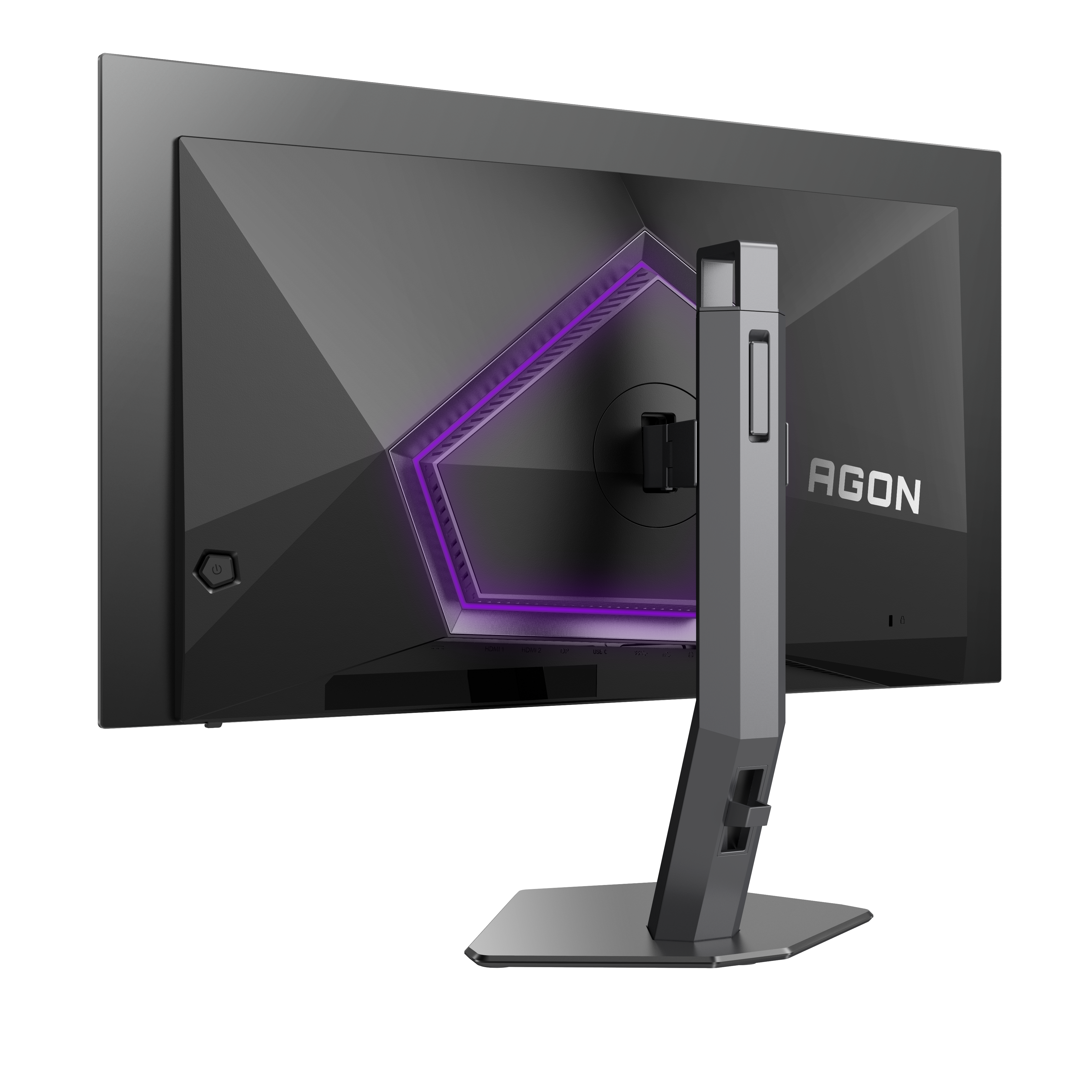 Rückansicht eines dunkelgrauen AGON-Monitors. Er hat einen Ständer und einen violetten Lichtakzent auf der Rückseite.