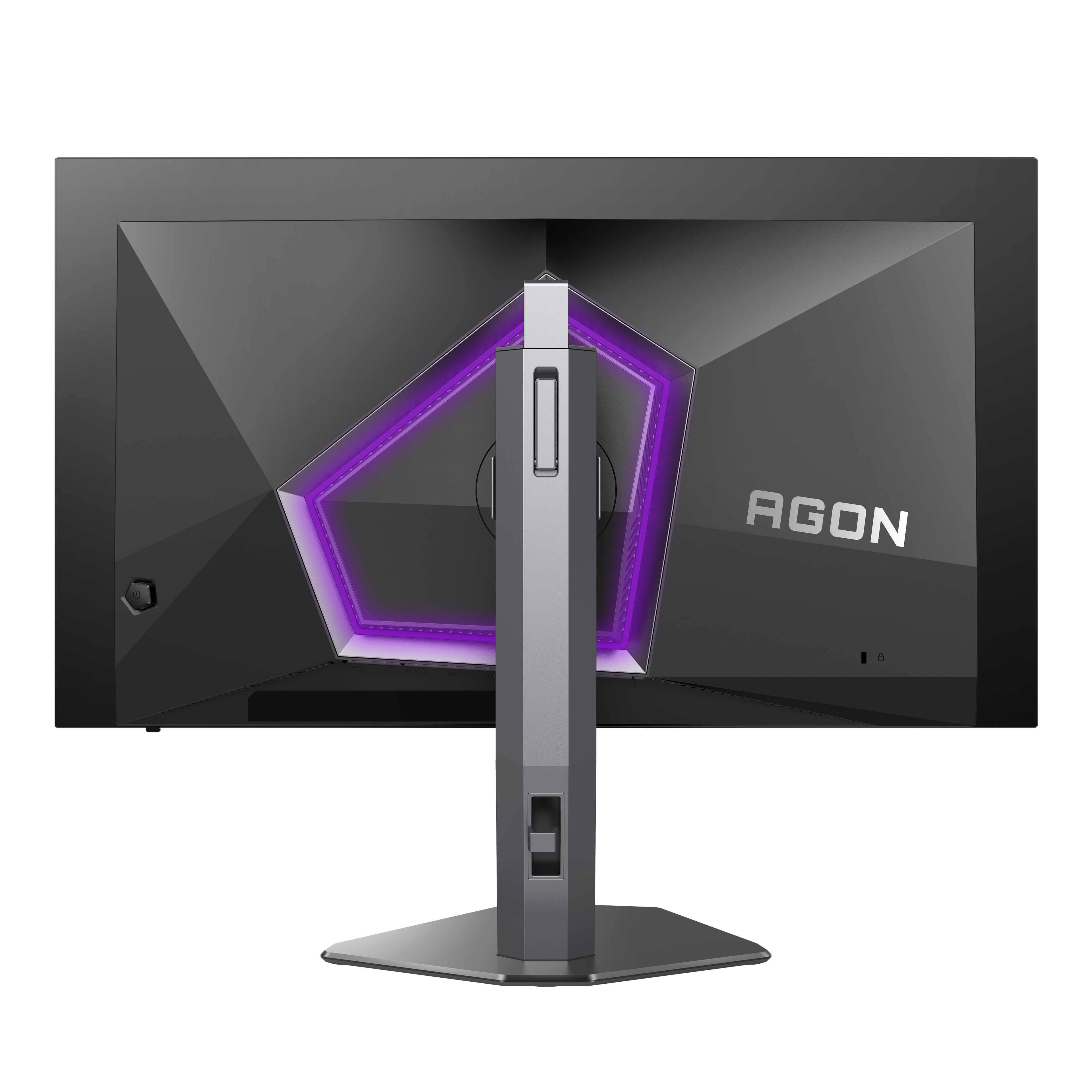 Rückseite eines schwarzen Monitors mit einem lila beleuchteten Hexagon-Design und dem Wort AGON. Ein silberner Ständer stützt ihn.