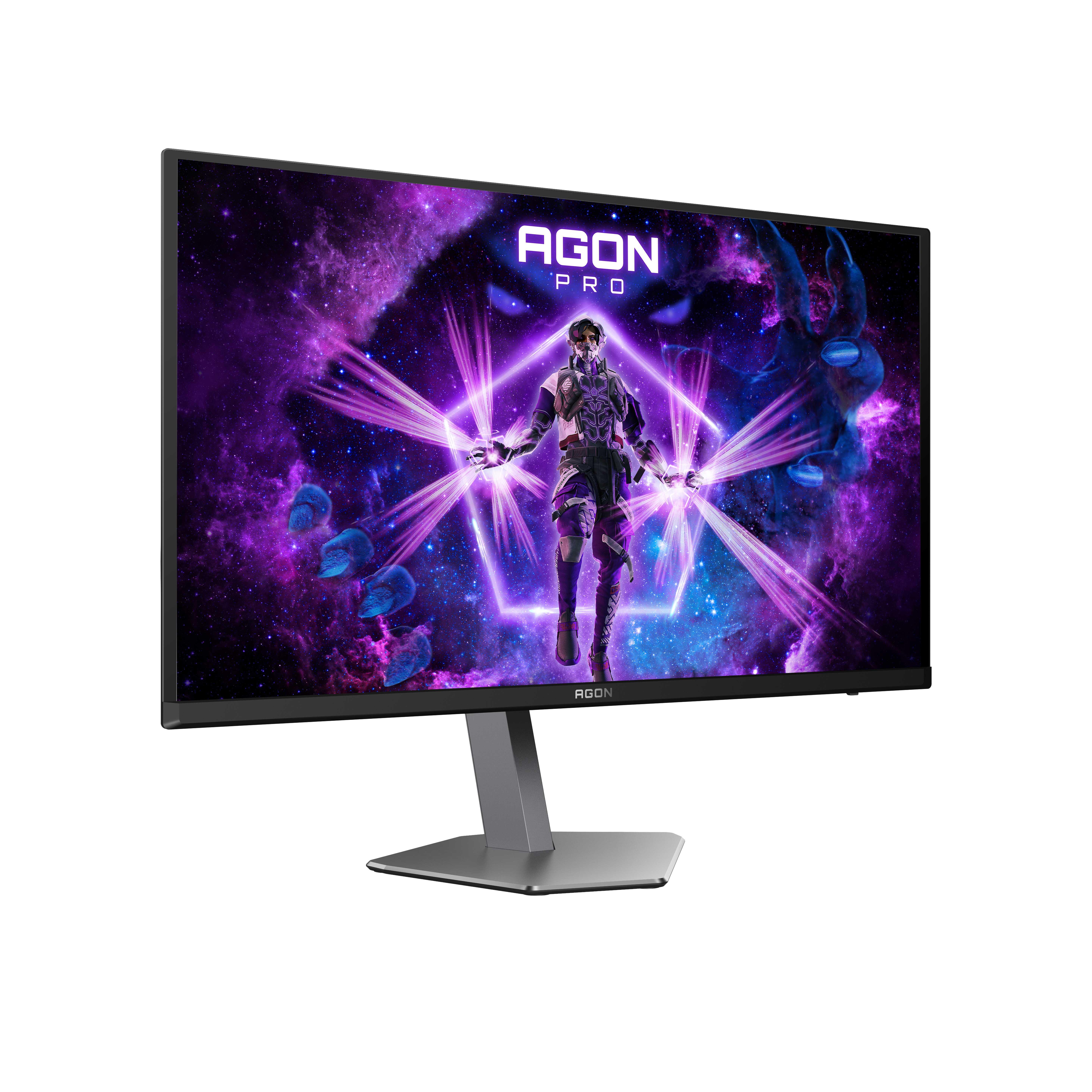 Ein Monitor zeigt eine Weltraumszene mit einer Figur in einem Science-Fiction-Anzug. Der Monitor hat einen silbernen Fuß.