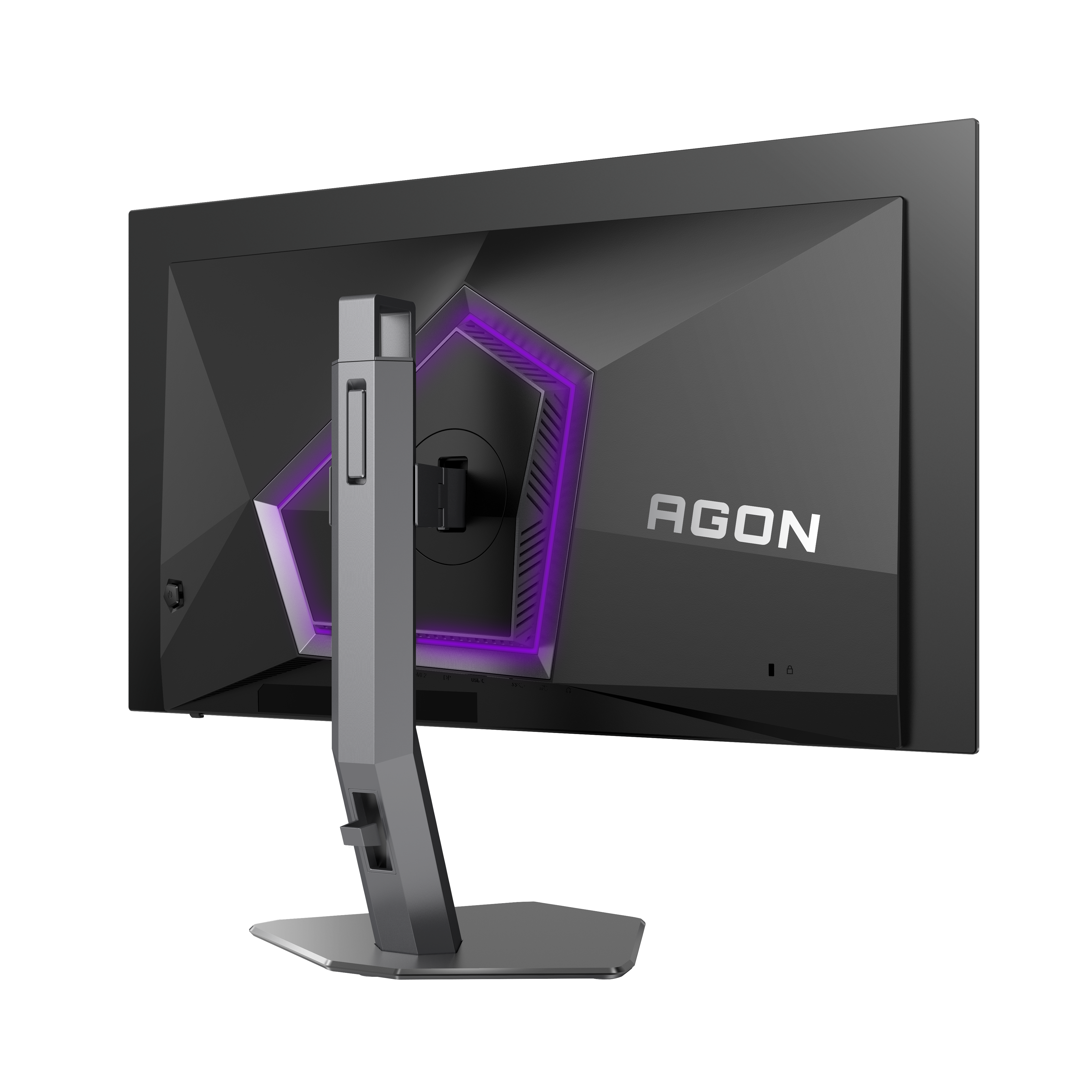 Rückansicht eines Gaming-Monitors. Er ist schwarz mit lila Akzenten und dem Wort AGON. Der Ständer ist silber.