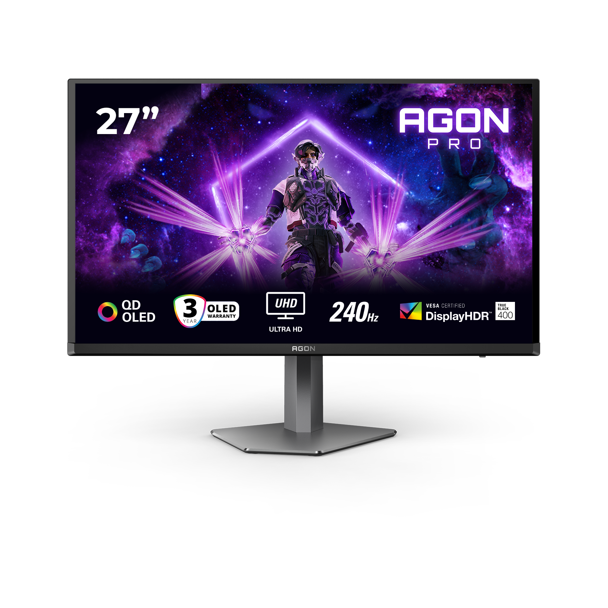Ein 27" AGON Pro OLED-Monitor. Er hat einen Bildschirm im Science-Fiction-Stil und einen silbernen Ständer. Zu den Spezifikationen gehören 240 Hz, UHD und DisplayHDR 400.