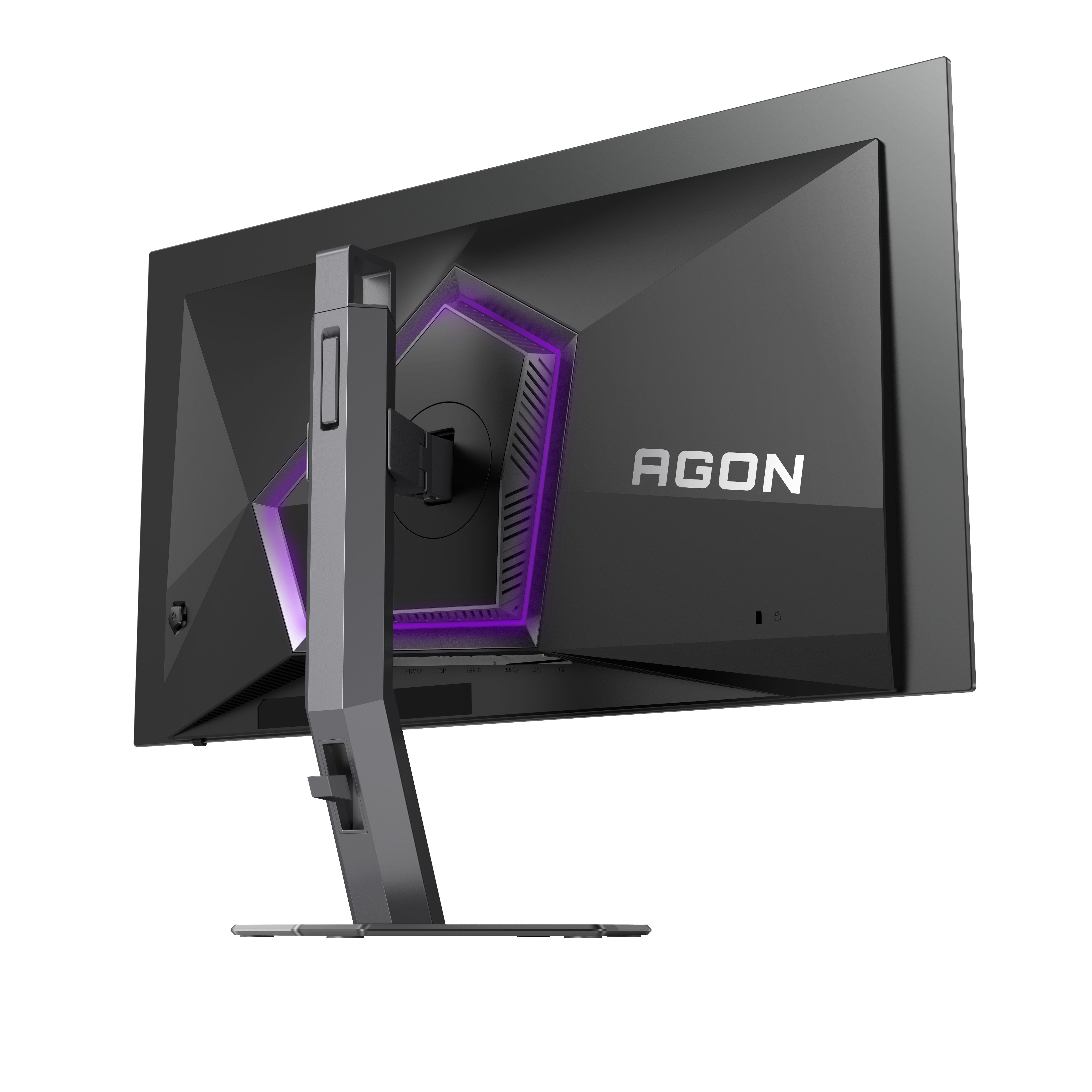 Rückseite eines schwarzen AGON-Gaming-Monitors. Es hat ein geometrisches Design mit lila Beleuchtung und einem silbernen Ständer.