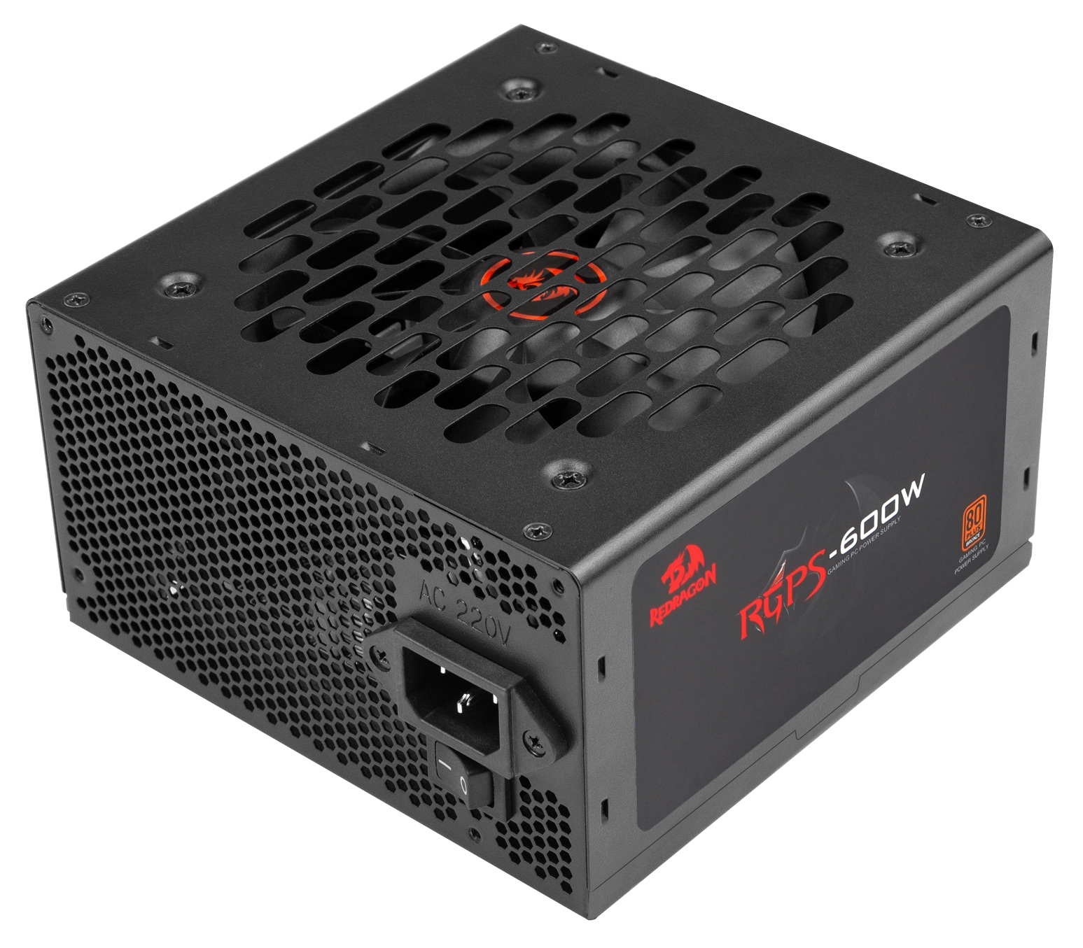 Czarny zasilacz Redragon RGPS-600W. Posiada kratkę wentylatora, wejście zasilania i przełącznik. Logo i tekst są czerwone.