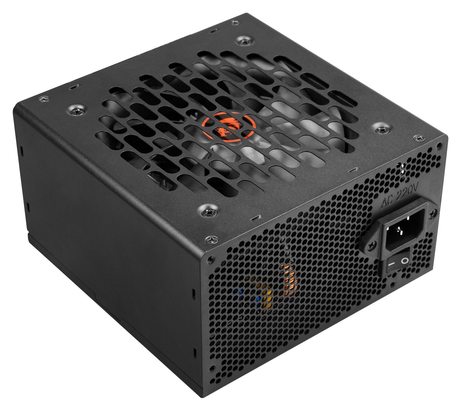 Czarny zasilacz komputerowy, z wentylatorem widocznym przez górną kratkę. Posiada włącznik i wejście AC 220V.