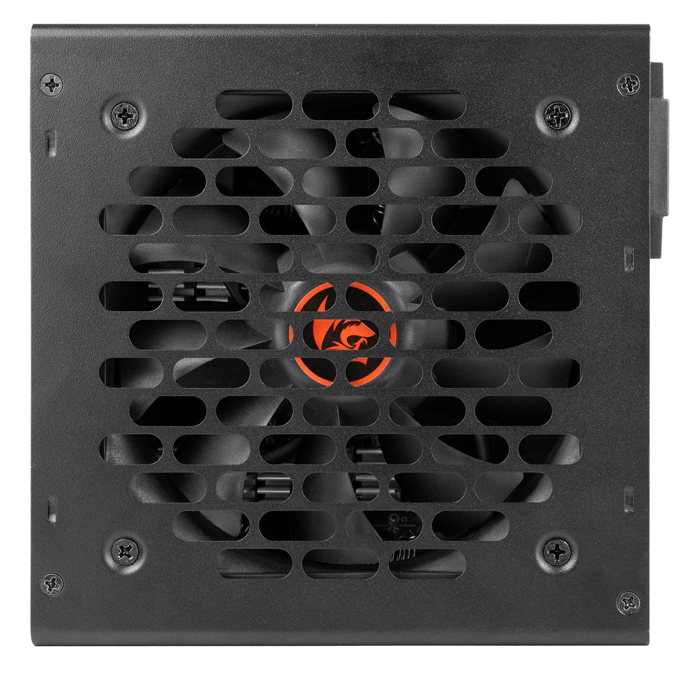 Czarny zasilacz komputerowy z osłoną w kształcie kratki. W środku widoczne jest czerwono-pomarańczowe logo.