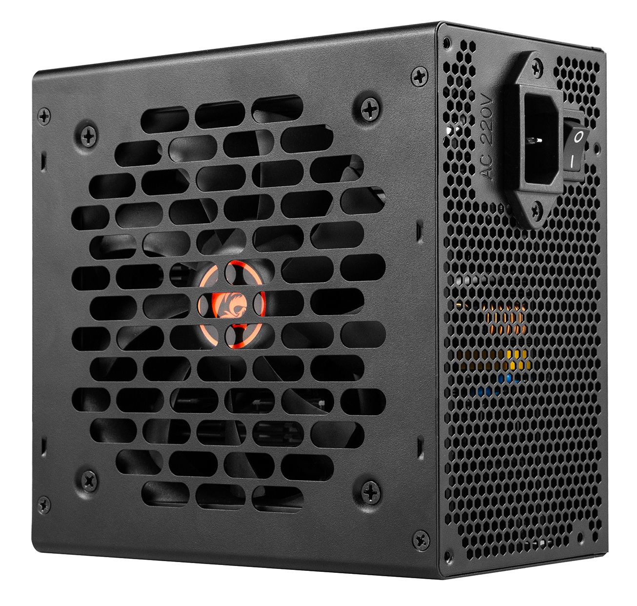 Czarny zasilacz komputerowy. Posiada wentylator, włącznik i wejście AC 220V. Wentylator świeci na czerwono.