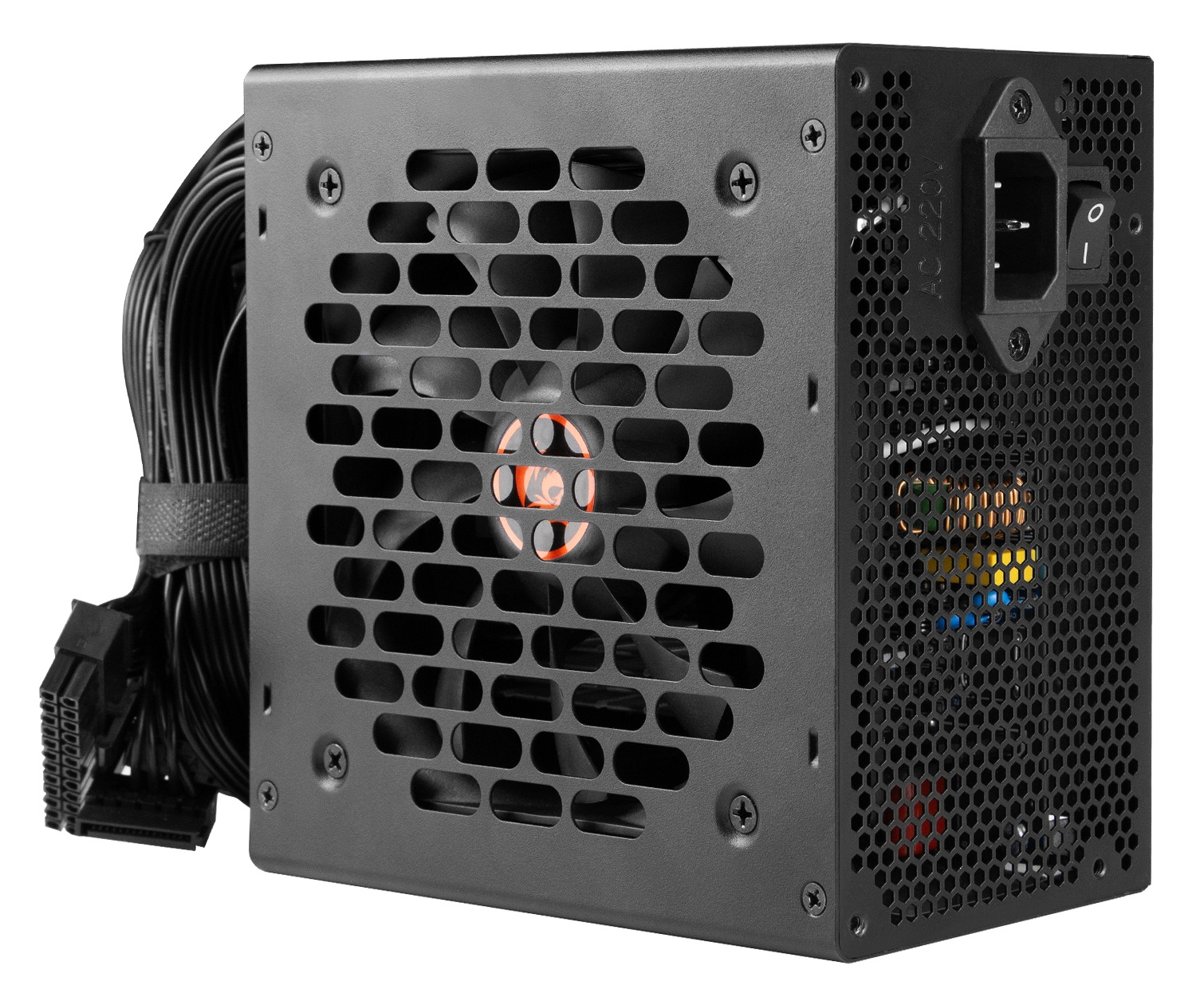 Czarny zasilacz komputerowy z wentylatorem, wejściem zasilania i kablami. Wentylator widoczny przez kratkę.