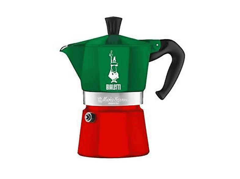 Moka Bialetti Express Tricolore 3 Tazze, Manico anti scottatura, Adatta a piani cottura gas, 130 ml, Alluminio