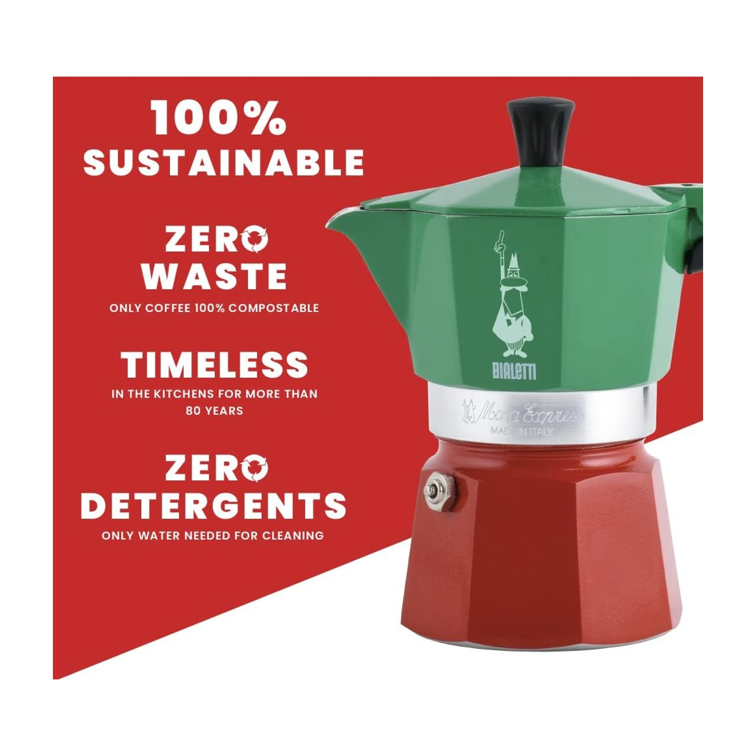 Una caffettiera Bialetti Moka Express verde e rossa su sfondo rosso con testo su sostenibilità e senza tempo.