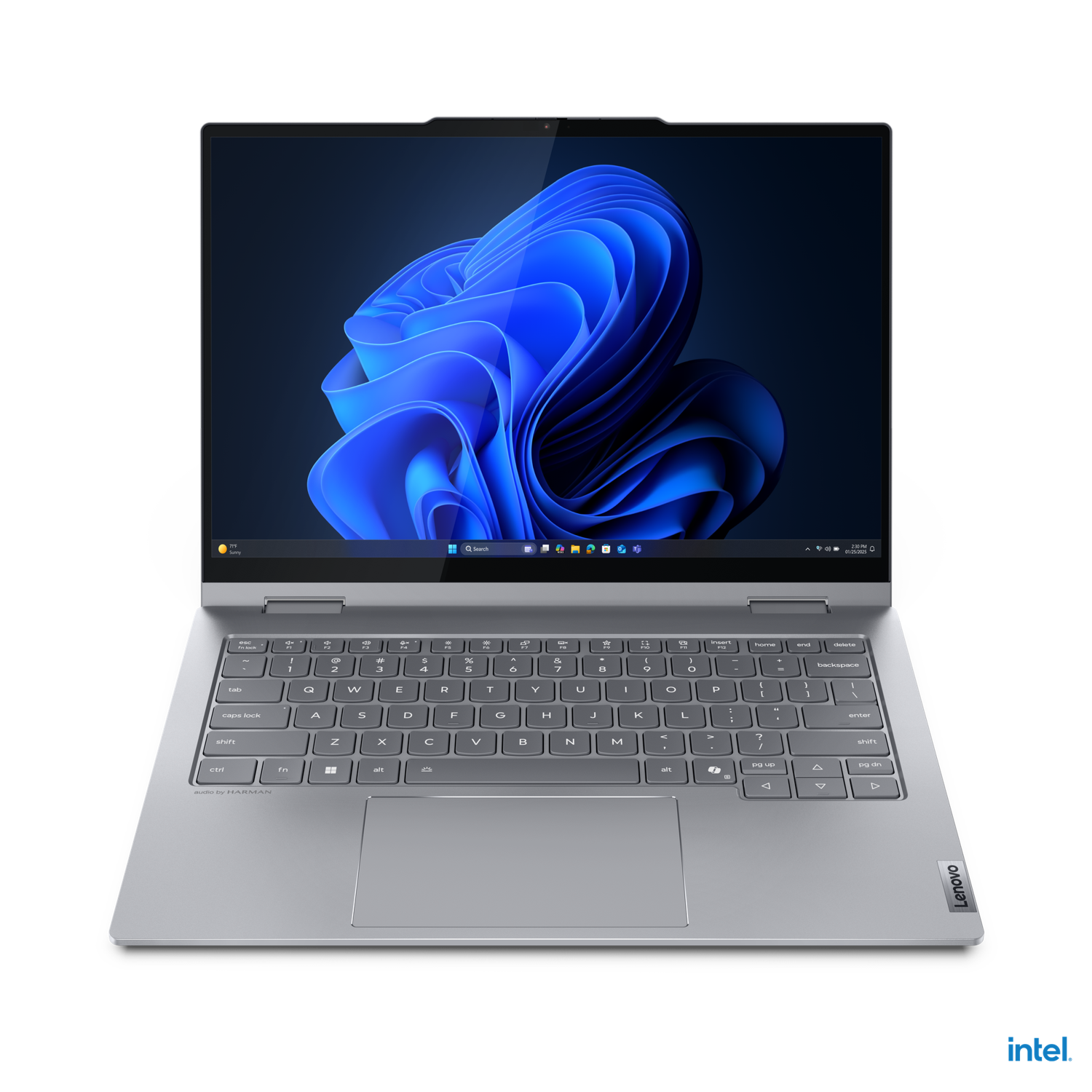 Een zilveren Lenovo-laptop is open, met een blauwe abstracte Windows 11-achtergrond. Het toetsenbord is zichtbaar en het scherm is helder.