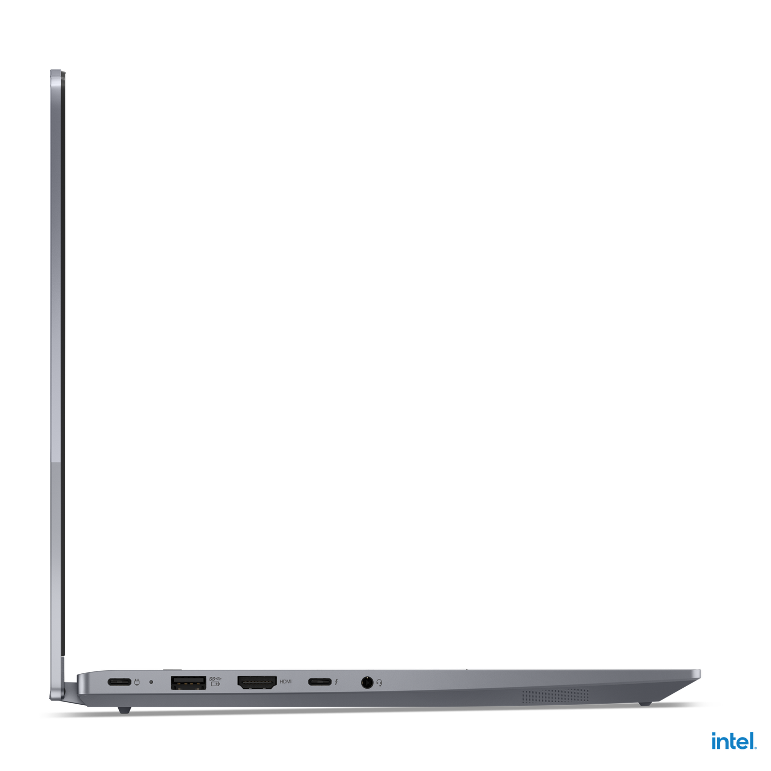 Side view of a silver laptop. Visible ports include USB, HDMI, charging, and audio. Intel logo on the bottom right.