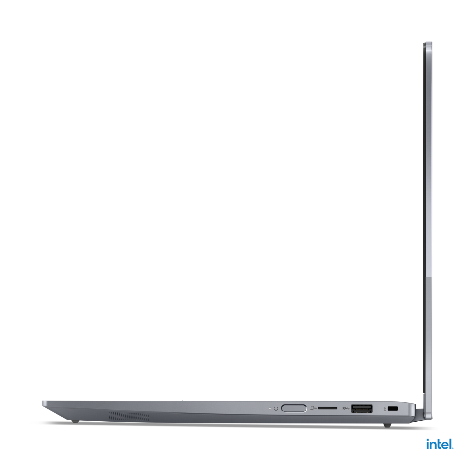 Side view of a grey laptop on a black background. Visible ports include USB, SD card slot, power button, and an Intel logo.