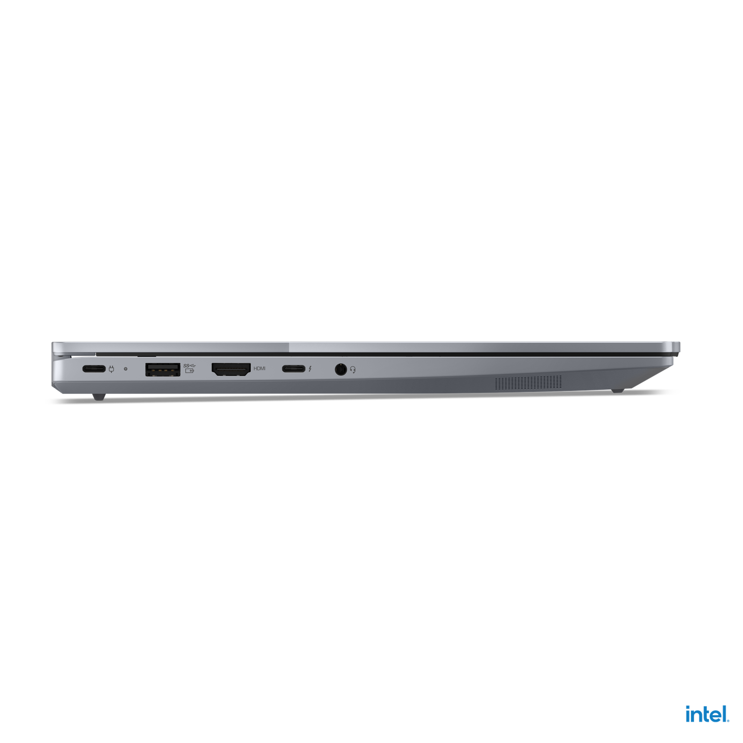 Side view of a silver laptop against a black background. Visible ports include USB, HDMI, and audio jack. Intel logo is in the corner.