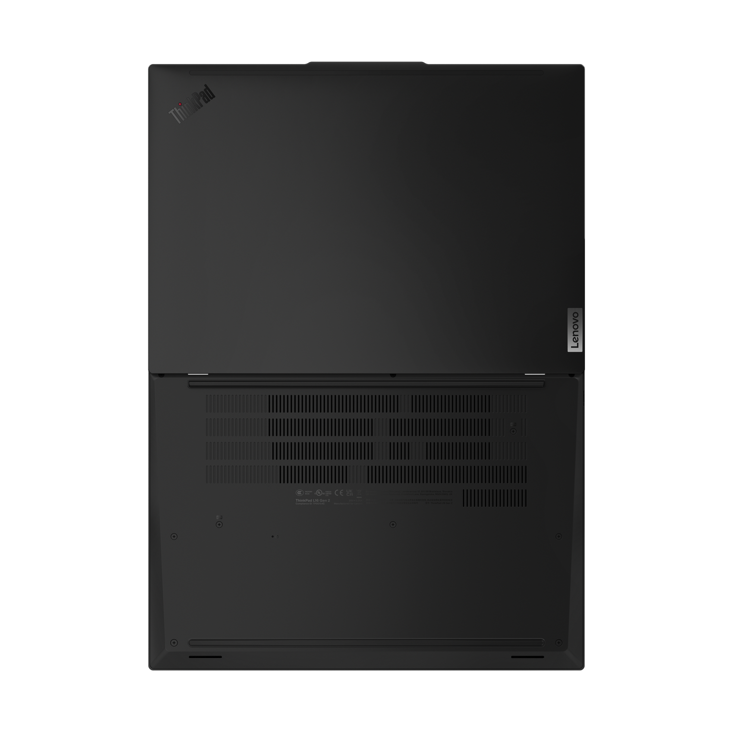 Bovenaanzicht van een zwarte Lenovo ThinkPad laptop. De klep is open en toont het toetsenbordgedeelte en de achterkant met het Lenovo-logo.