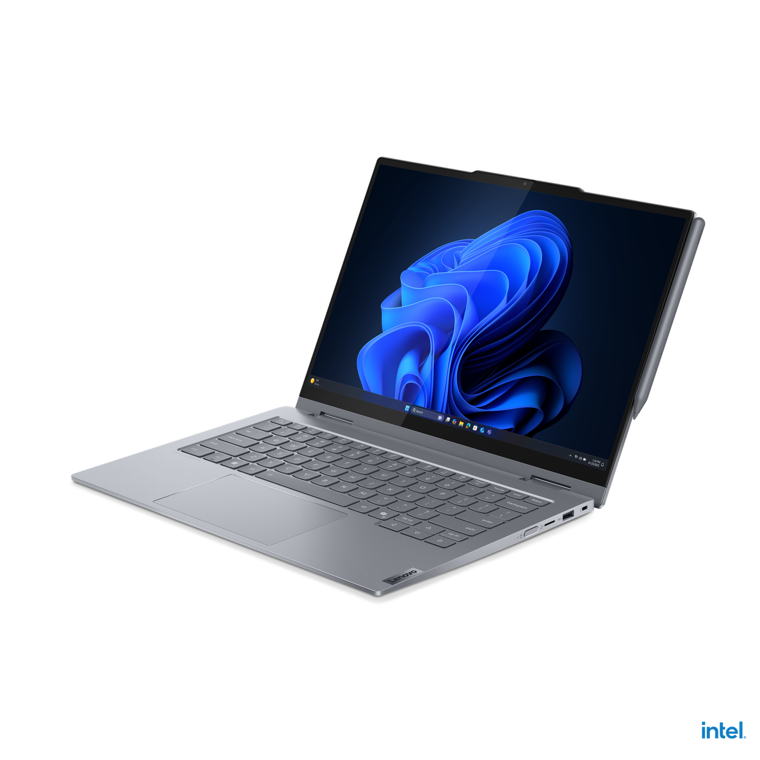 A silver Lenovo laptop is open, displaying a blue Windows 11 background. The keyboard is visible, and the intel logo is on the bottom right.