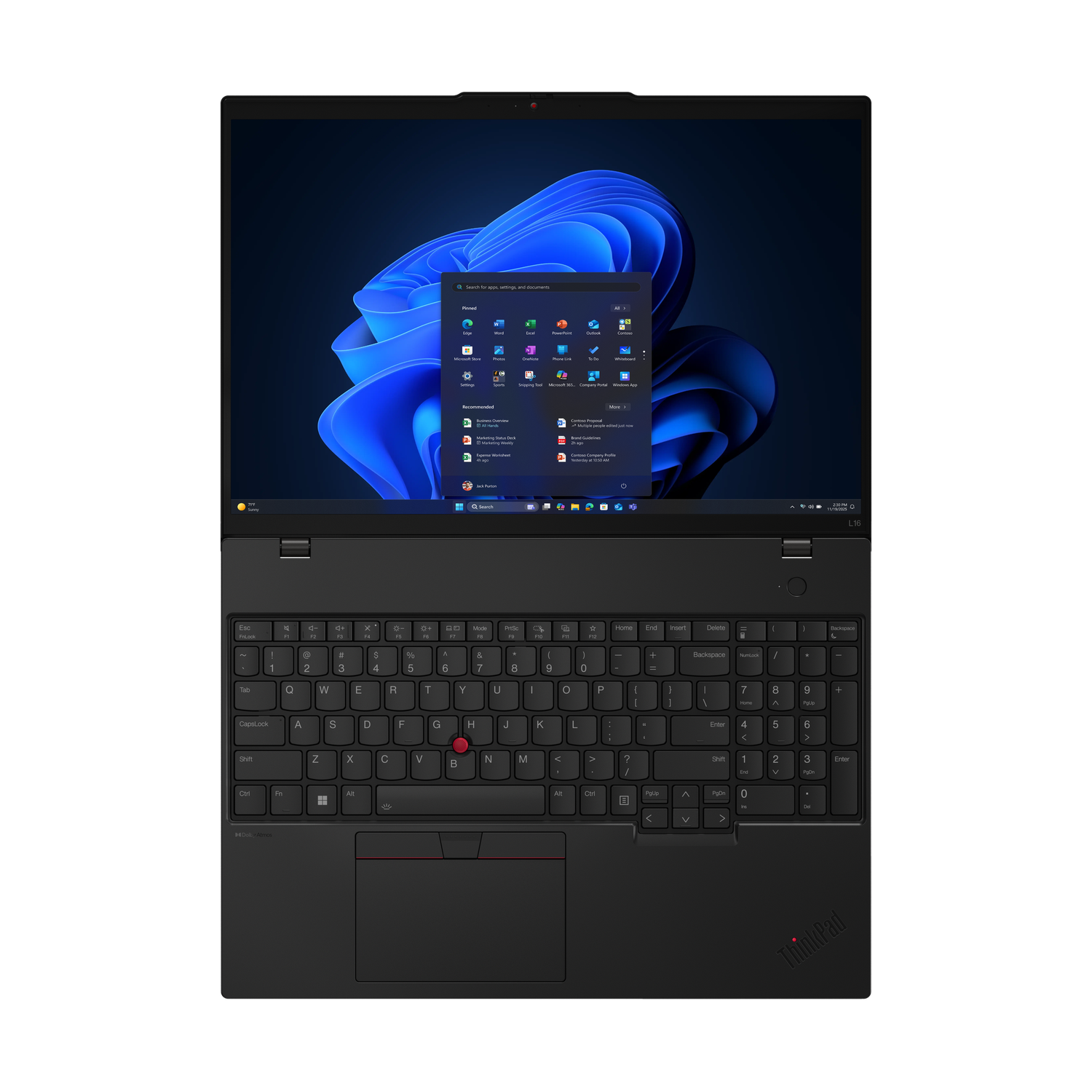Een zwarte ThinkPad-laptop is open, met het Windows 11-startscherm. Toetsenbord en scherm zijn zichtbaar.