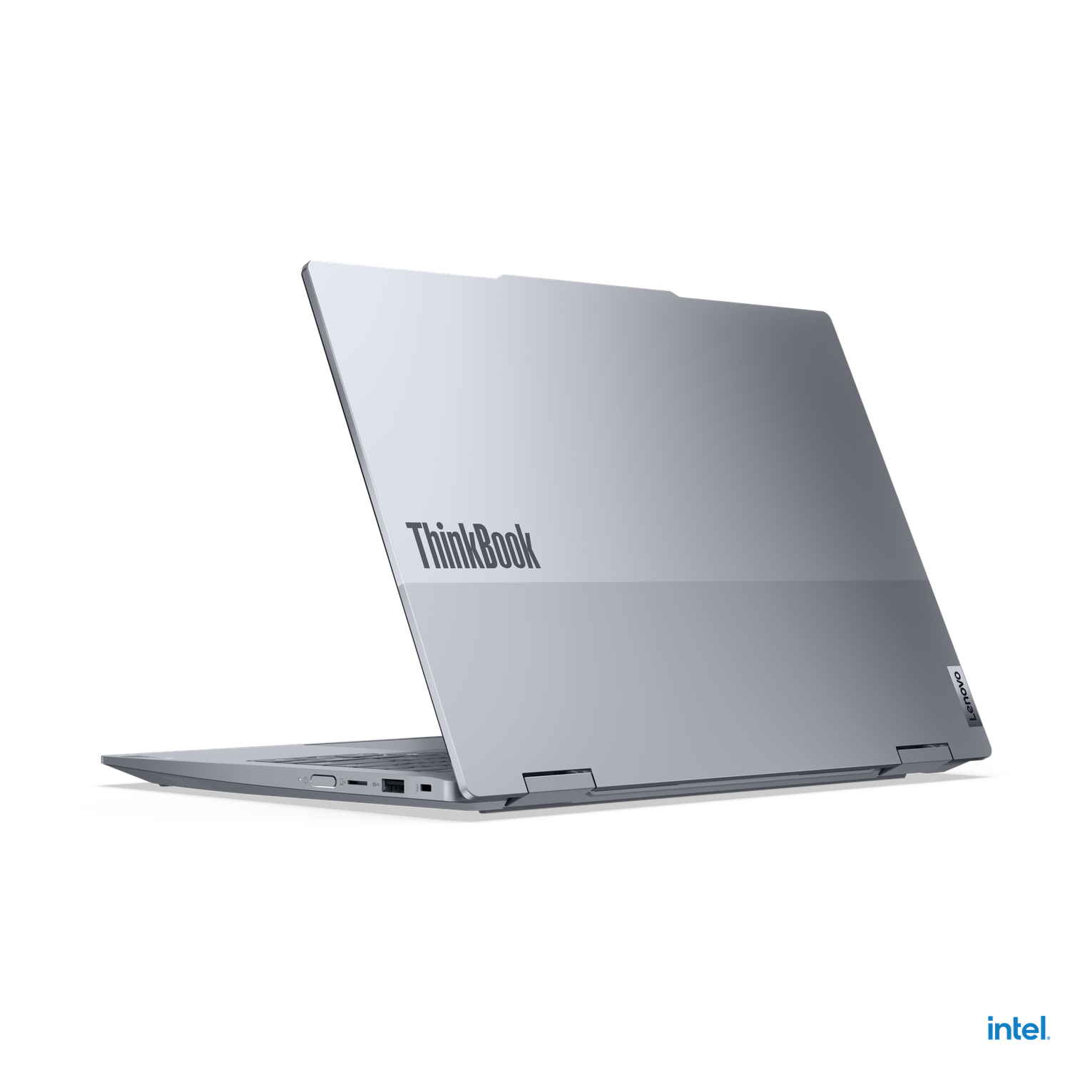 A silver ThinkBook laptop is open. The screen is tilted back. The Lenovo logo is visible on the side, and intel logo at the bottom.