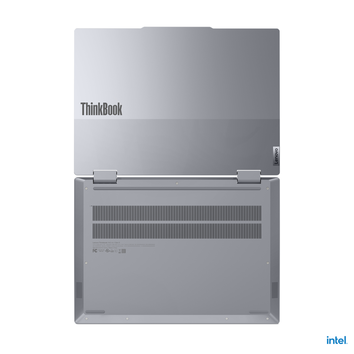 Een grijze Lenovo ThinkBook laptop is open. Het ThinkBook-logo is zichtbaar. Intel-logo rechtsonder.