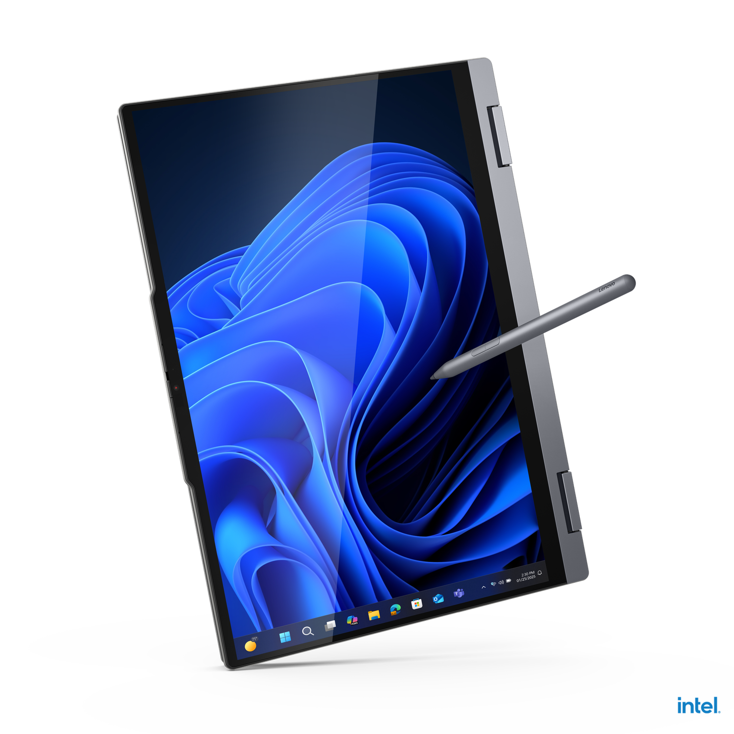 A Lenovo laptop with a stylus. The screen displays a blue Windows background. The laptop is gray, and the background is black.
