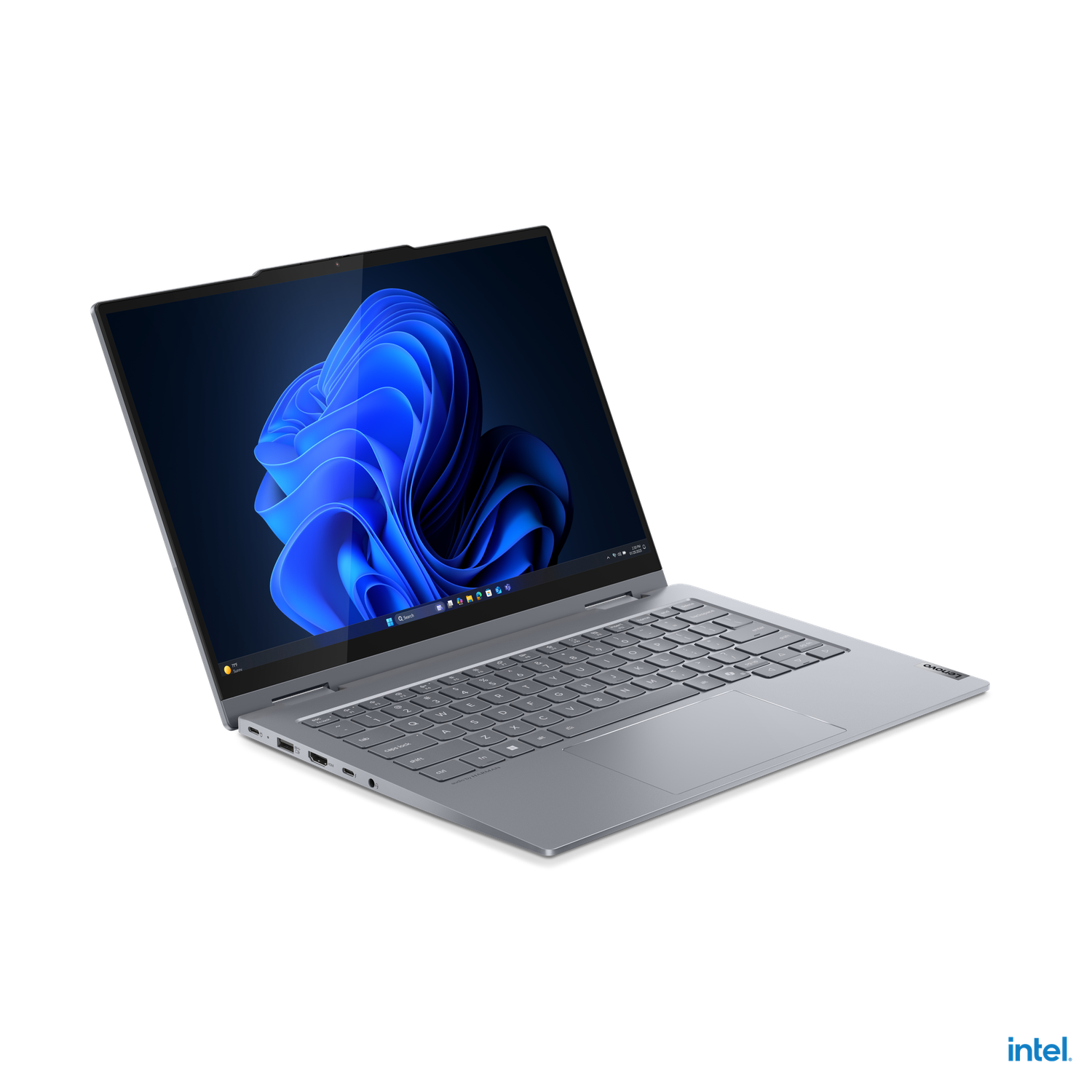 Een zilveren Lenovo laptop, open, met een blauwe Windows-achtergrond. Het toetsenbord is zichtbaar. Intel-logo rechtsonder.