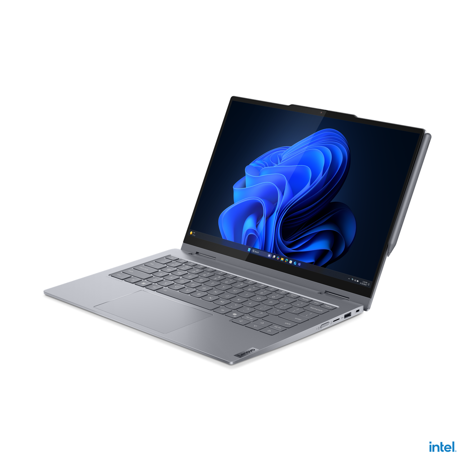 Een zilveren laptop is open, met een blauwe abstracte achtergrond op het scherm. Het toetsenbord is zichtbaar en het scherm is schuin.