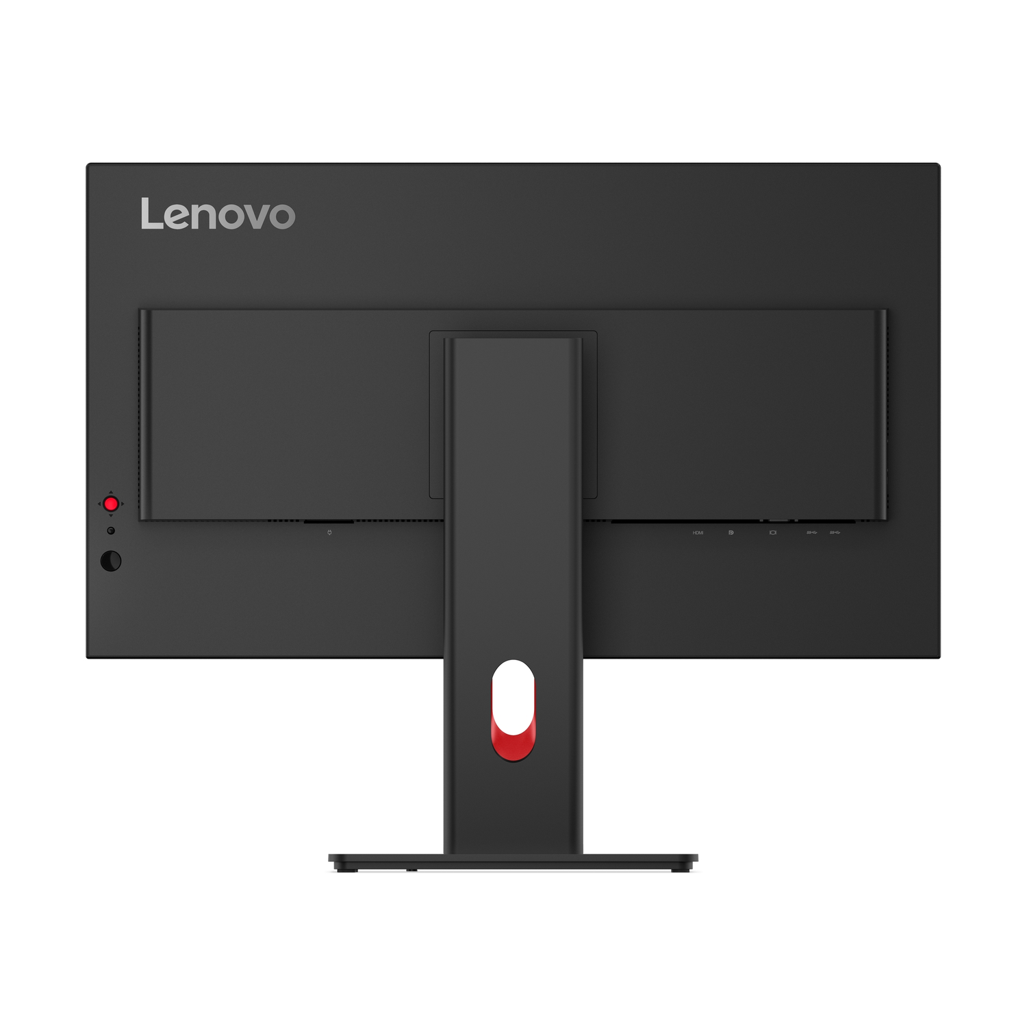 Achterkant van een zwarte Lenovo-monitor. Het heeft een standaard met een rode accentkleur, en aansluitpoorten zijn zichtbaar aan de achterkant.