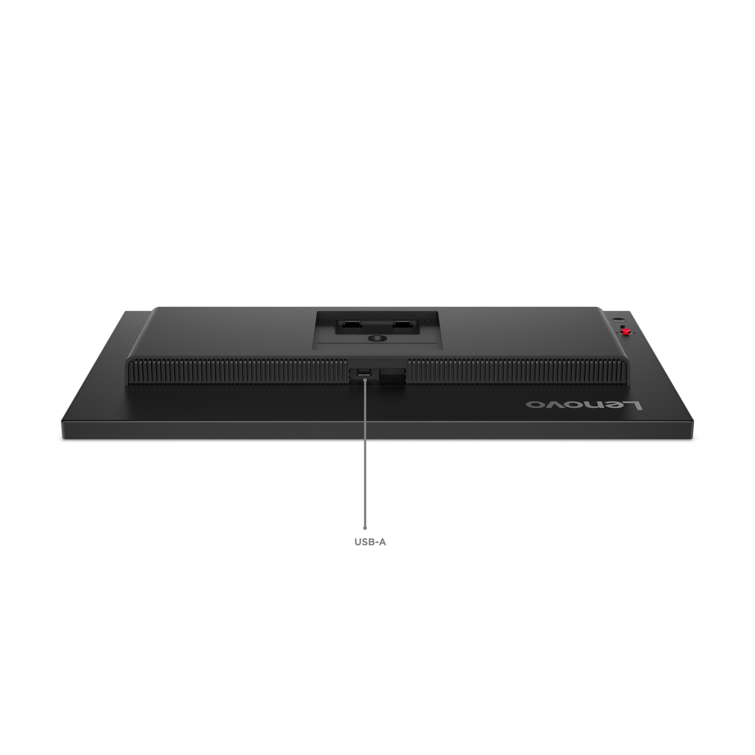 Een zwarte Lenovo-monitor gezien van achteren, met USB-A-poort. Het Lenovo-logo is zichtbaar. De achtergrond is wit.
