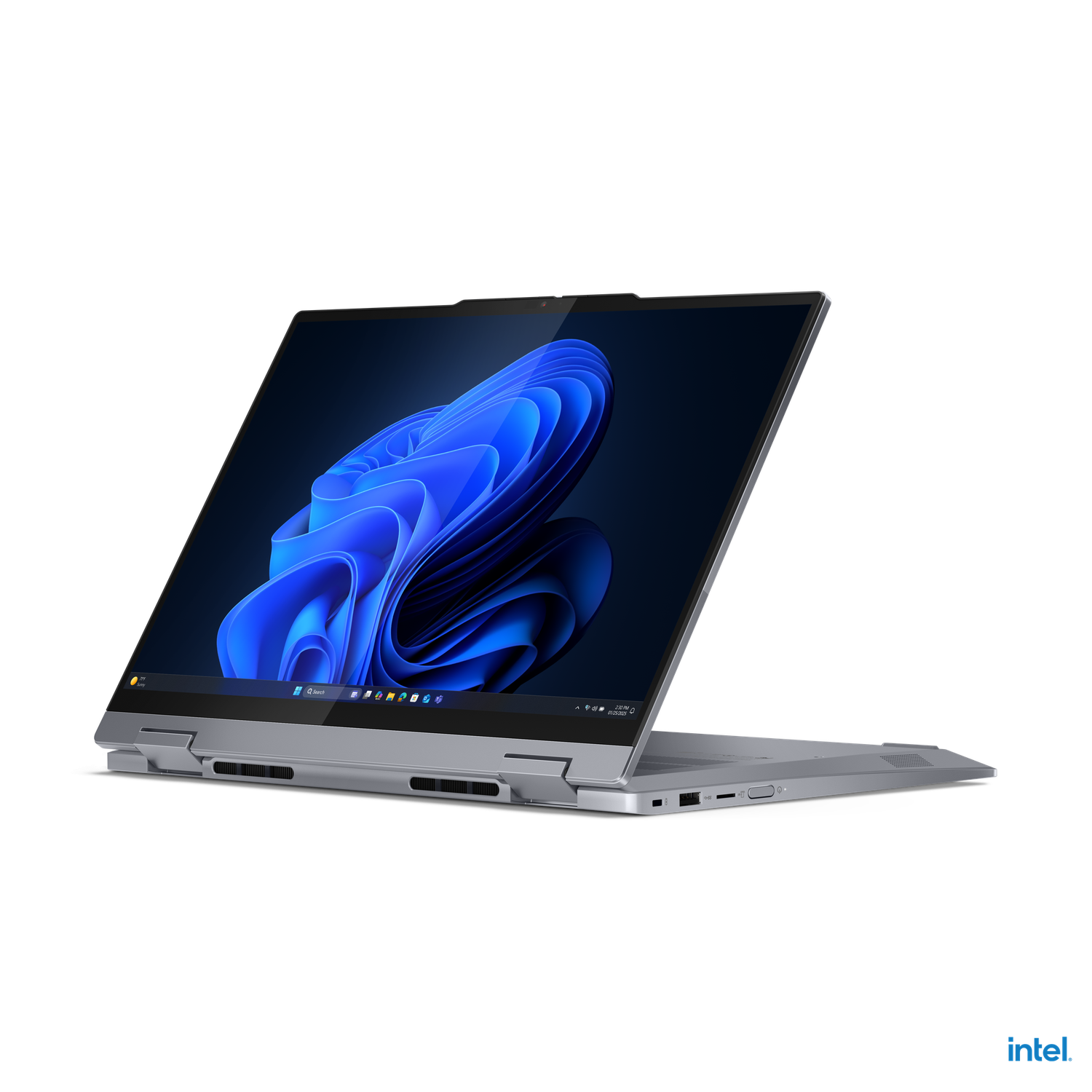 Een zilveren laptop is open, met een blauw-witte abstracte afbeelding. De achtergrond is zwart. Intel-logo staat onderaan.