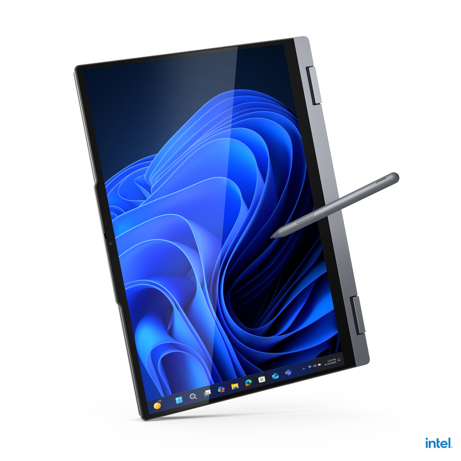 Een Lenovo tablet met stylus, met een Windows interface. Het scherm toont een blauwe abstracte achtergrond. Intel logo.