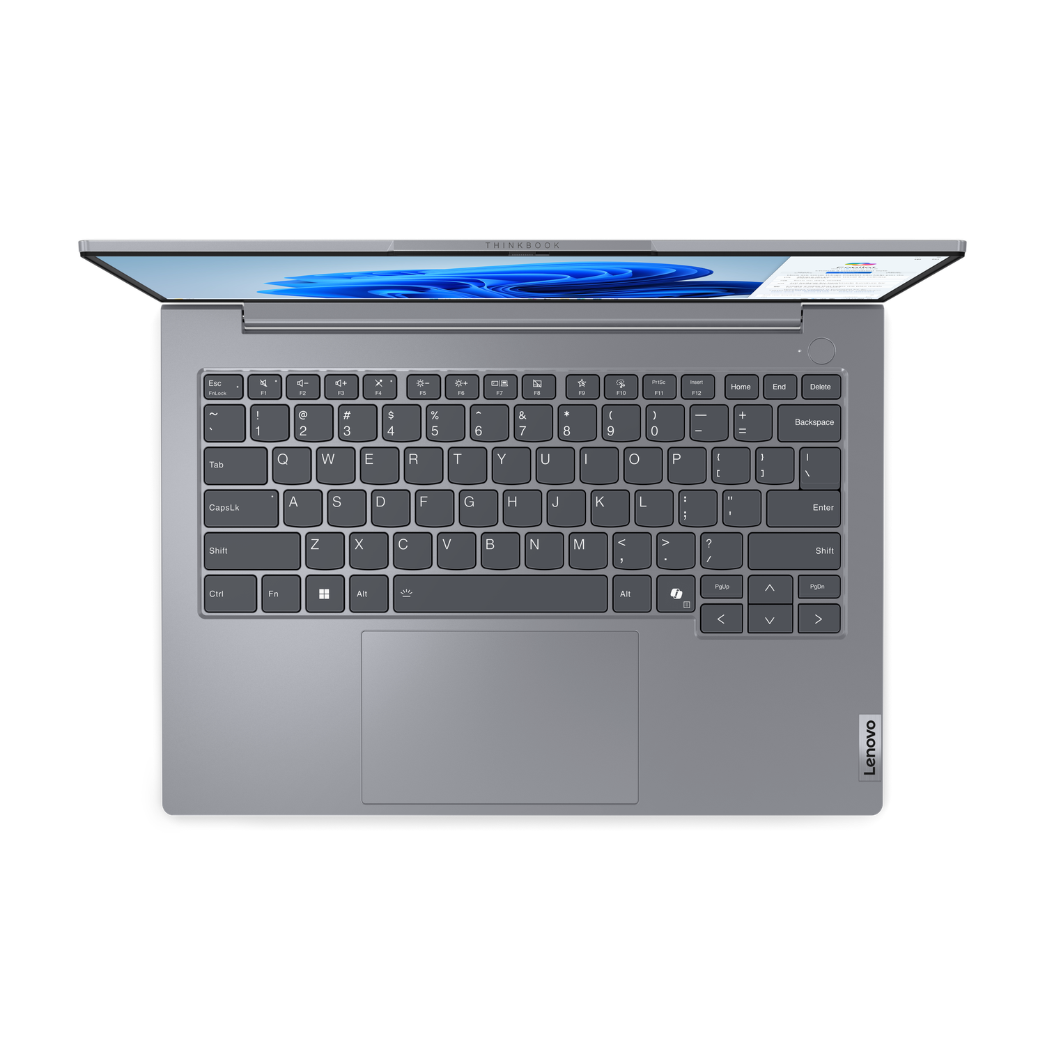 A Lenovo ThinkBook laptop, open, showing the keyboard and screen. The keyboard is gray with white letters. The background is black.