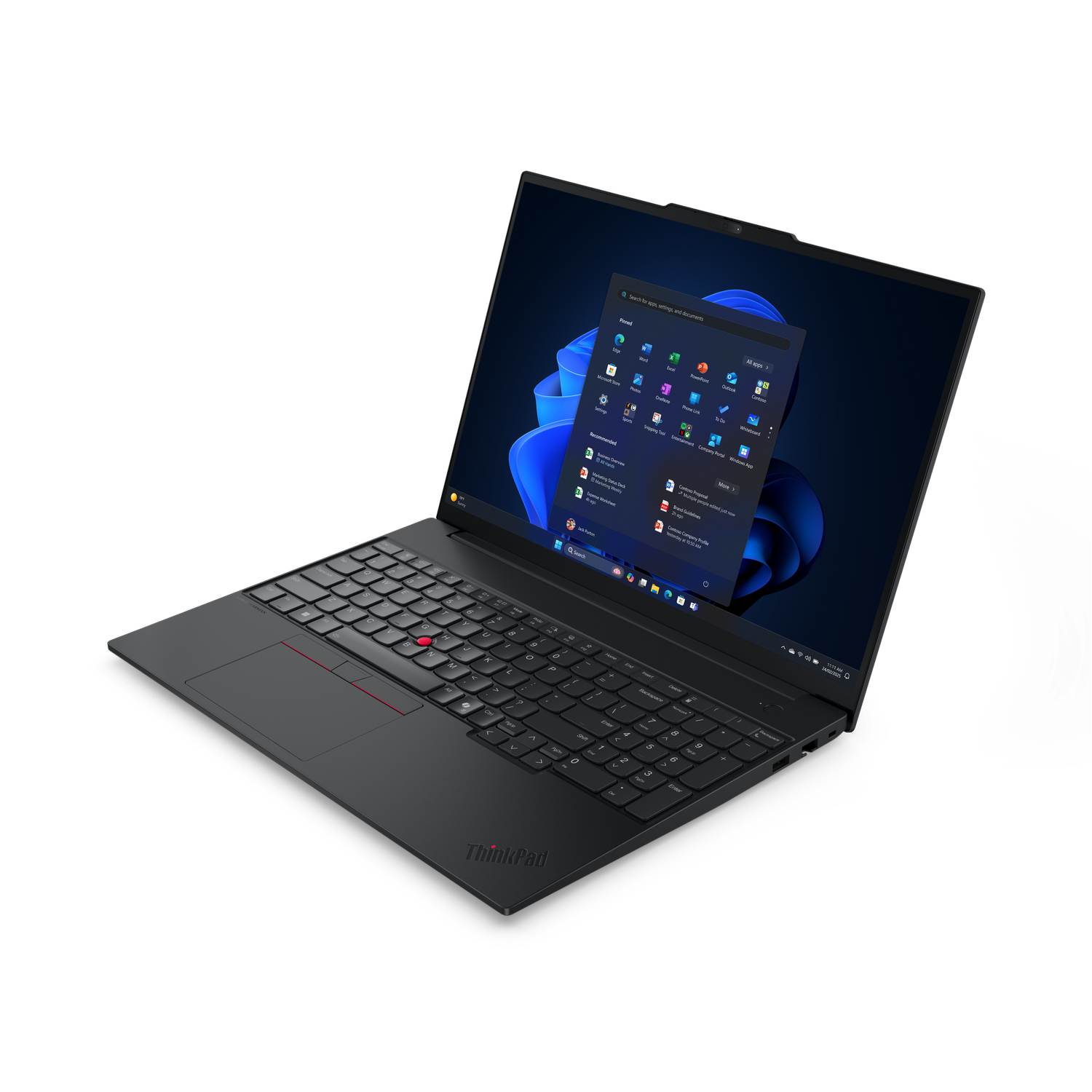 A black ThinkPad laptop is open, displaying a Windows interface. The screen shows app icons. The keyboard has a red trackpoint.