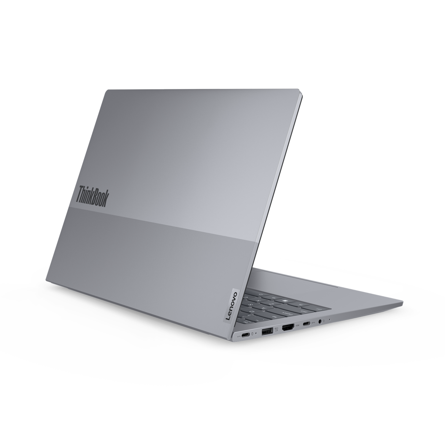 A silver Lenovo ThinkBook laptop is open on a black background. The screen is angled. The keyboard and ports are visible.