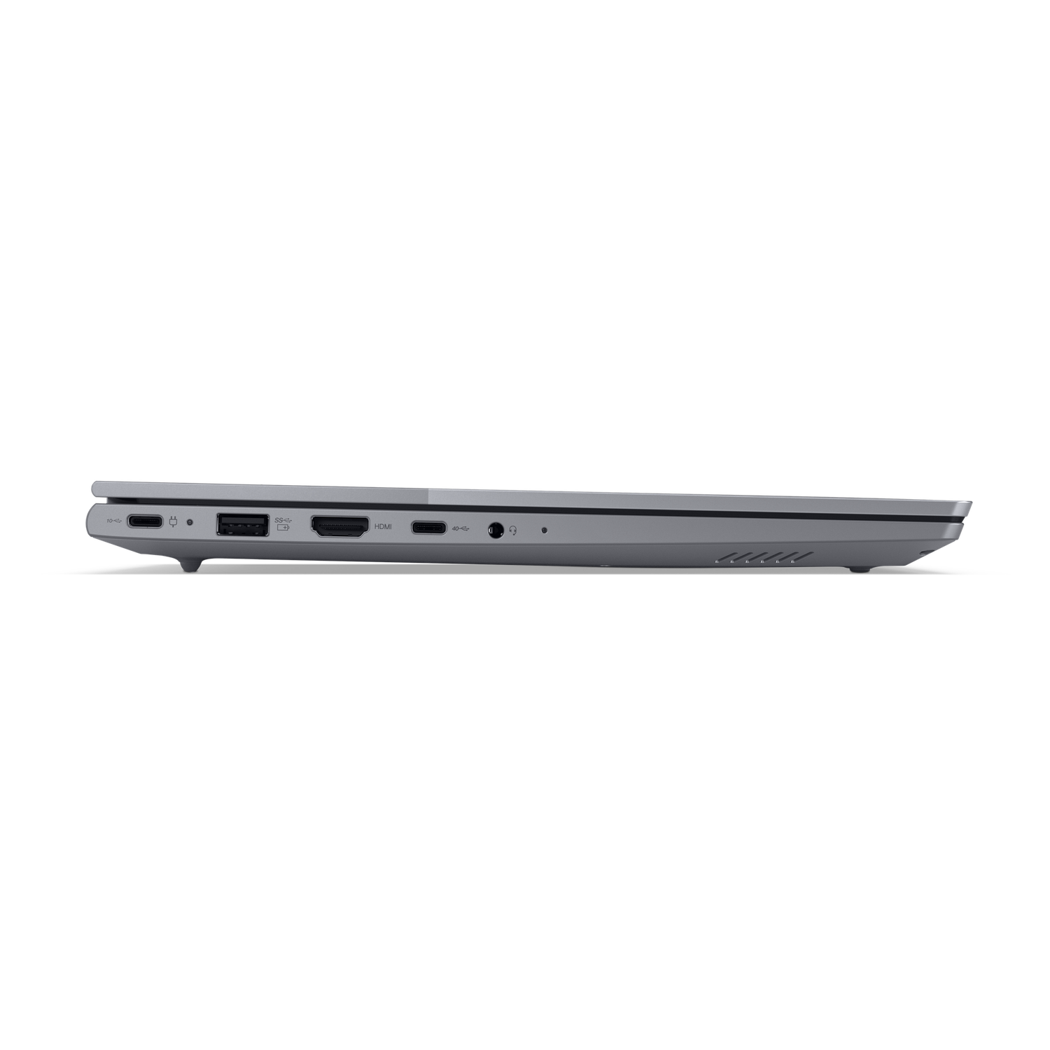 Side view of a silver laptop. Visible ports include USB, HDMI, and audio. The laptop is closed, with a black background.