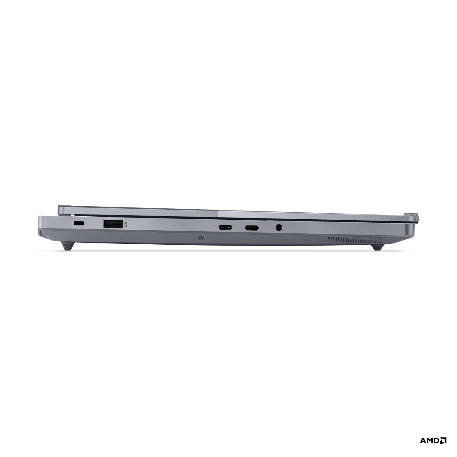 Side view of a gray laptop. Ports and connectors are visible along the side. The background is solid black.