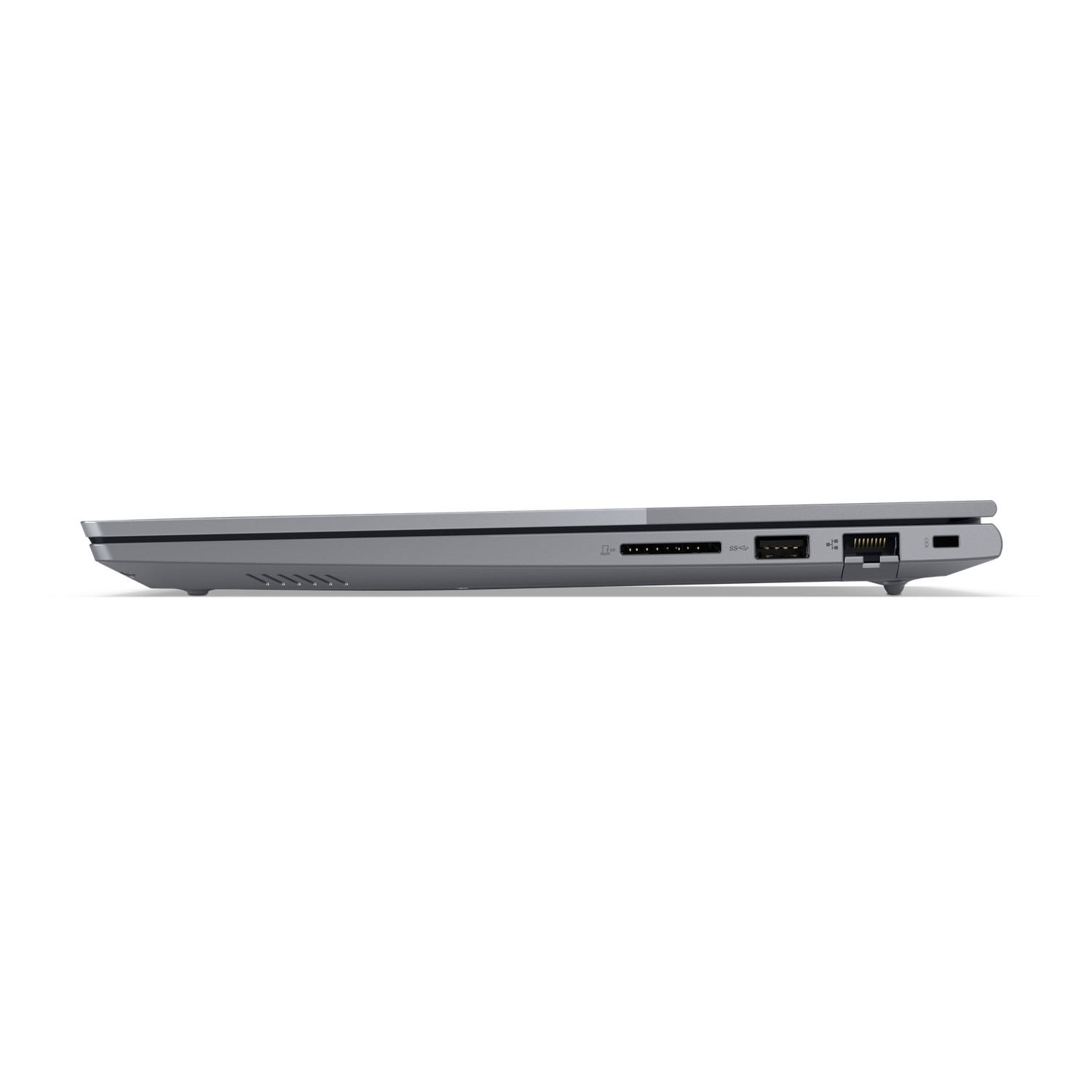 Side view of a silver laptop on a black background. Visible ports include USB, SD card slot, and others. The laptop is closed.